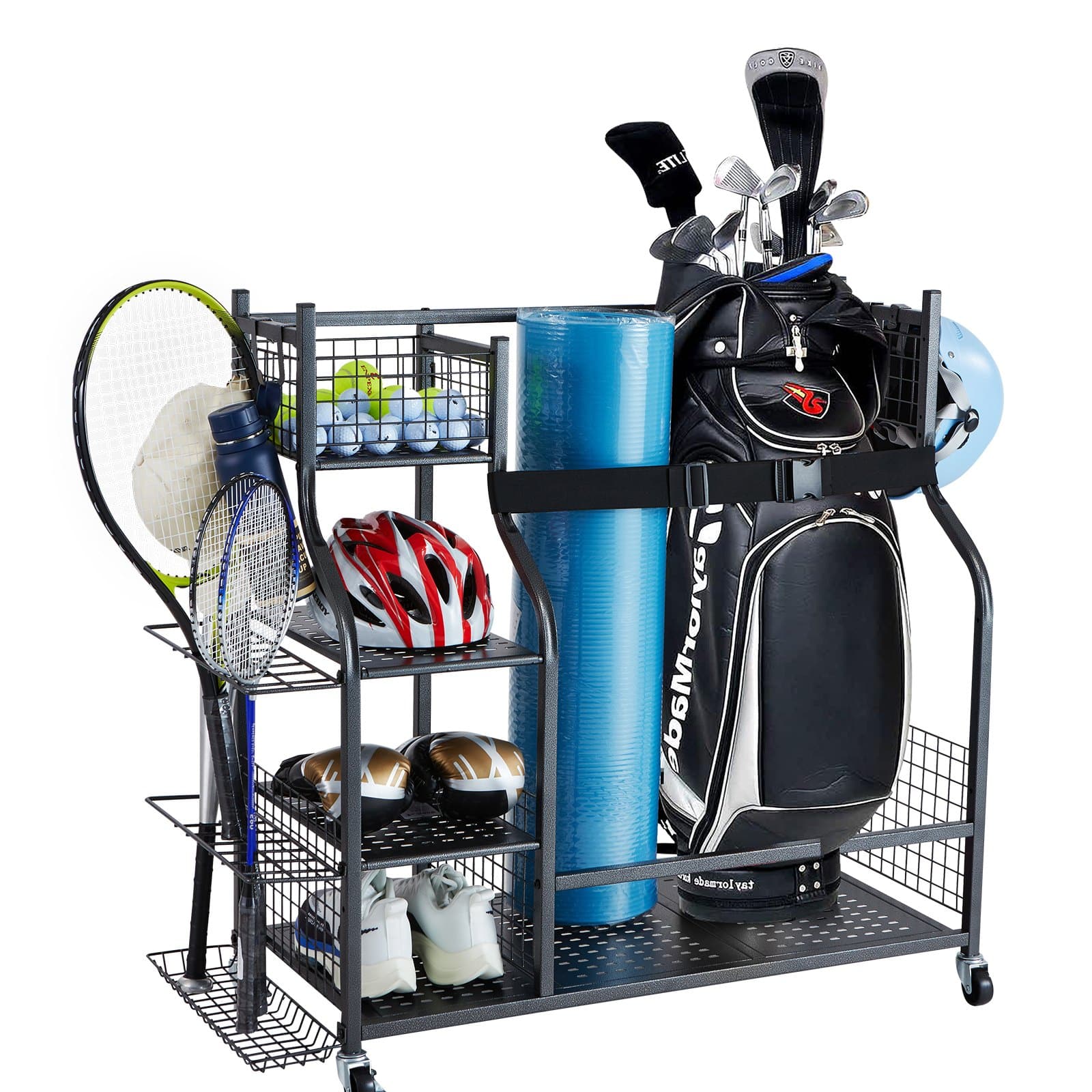 VEVOR Steel Golf Storage Rack with Wheels – Holds 2 Golf Bags, Clubs & Sports Gear, Black Organizer with Baskets & Hooks
