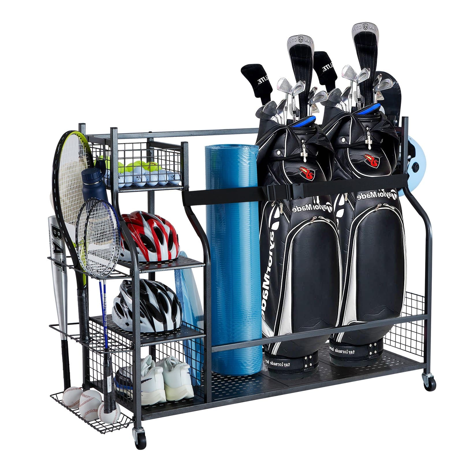 VEVOR Golf Storage Rack with 3 Bag Stand, Mesh Shelves, Hooks & Wheels – Steel Organizer for Sports Equipment, Black