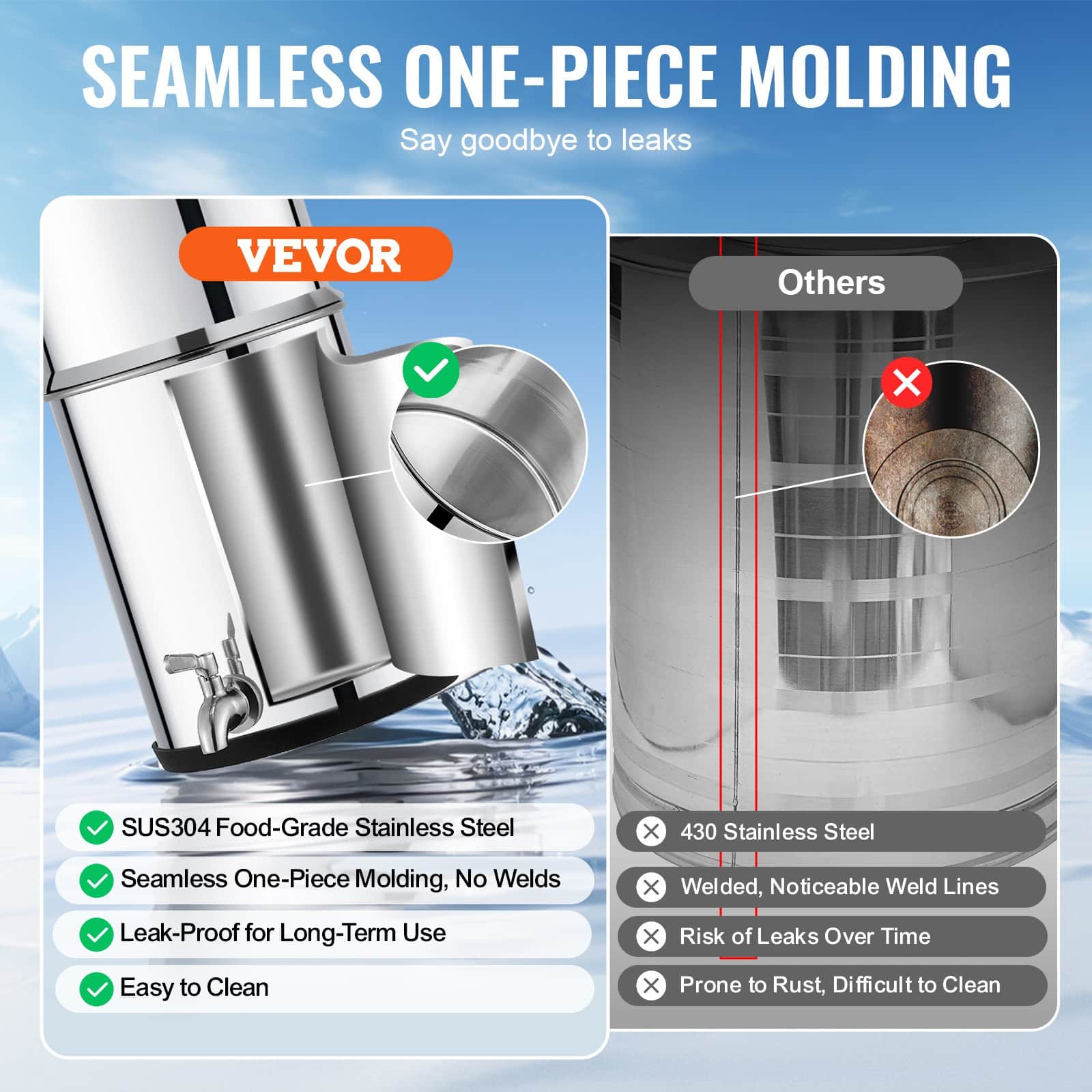 VEVOR 8.5L Gravity Water Filter System, Stainless Steel, 2 Carbon Filters, 99% Chlorine Reduction, for Home, Camping, RV - Image 3