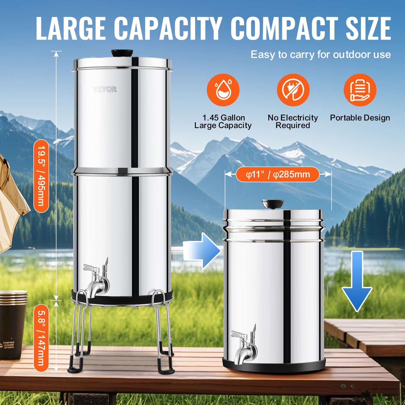 VEVOR 8.5L Gravity Water Filter System, Stainless Steel, 2 Carbon Filters, 99% Chlorine Reduction, for Home, Camping, RV - Image 5