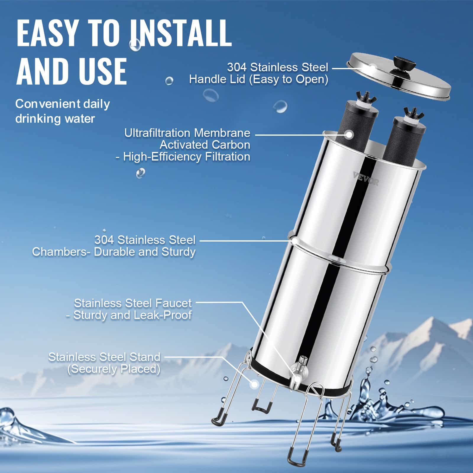 VEVOR 8.5L Gravity Water Filter System, Stainless Steel, 2 Carbon Filters, 99% Chlorine Reduction, for Home, Camping, RV - Image 6
