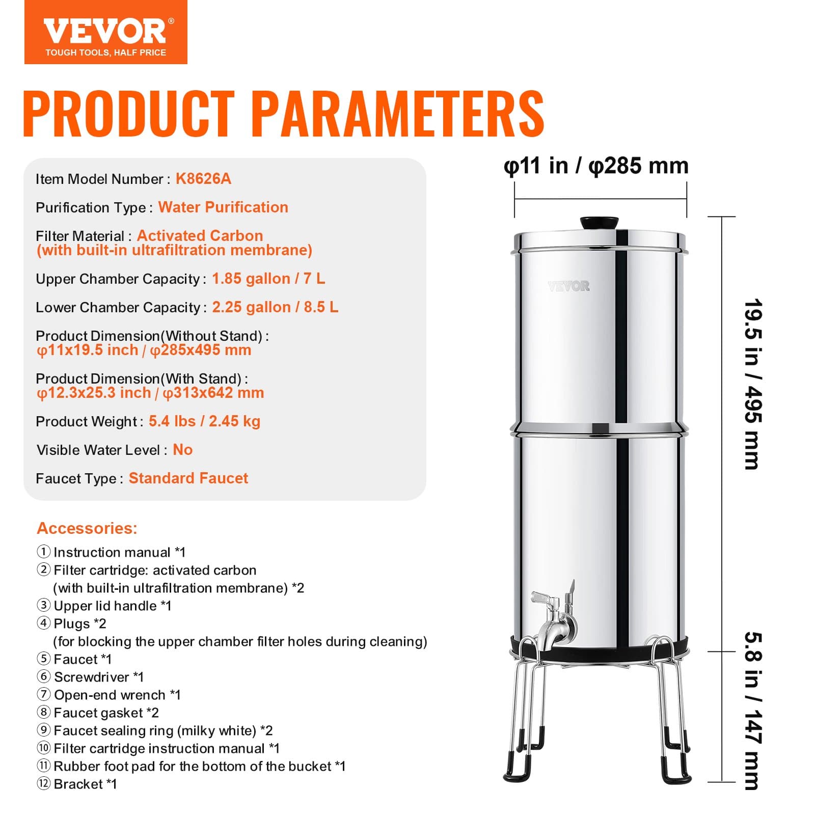 VEVOR 8.5L Gravity Water Filter System, Stainless Steel, 2 Carbon Filters, 99% Chlorine Reduction, for Home, Camping, RV - Image 7