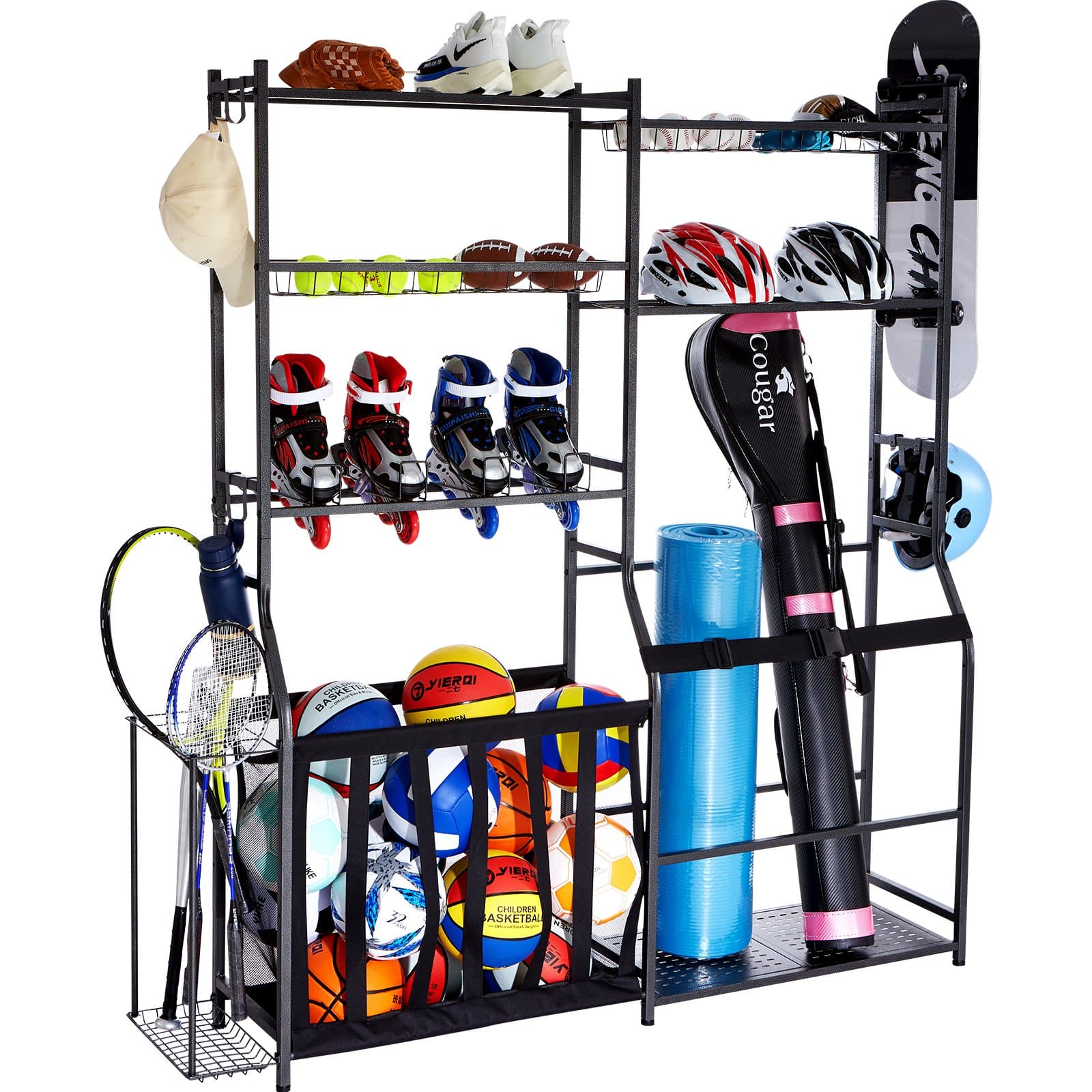VEVOR Golf Storage Rack with 2 Bag Holders, Steel Sports Organizer with Baskets, Hooks & Dividers, Black, for Garage or Outdoors