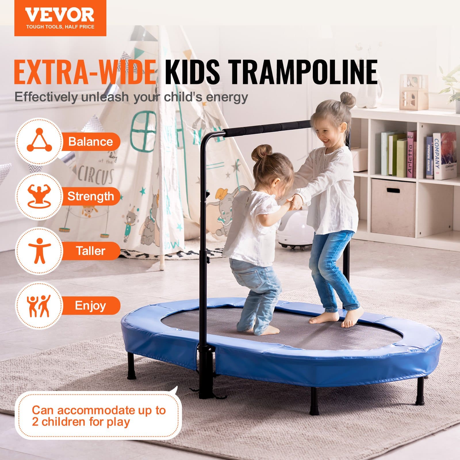 VEVOR Foldable Kids Trampoline 142x91cm with Adjustable Handle, Indoor/Outdoor Rebounder for 3–12 Years, Blue — Attēls 2