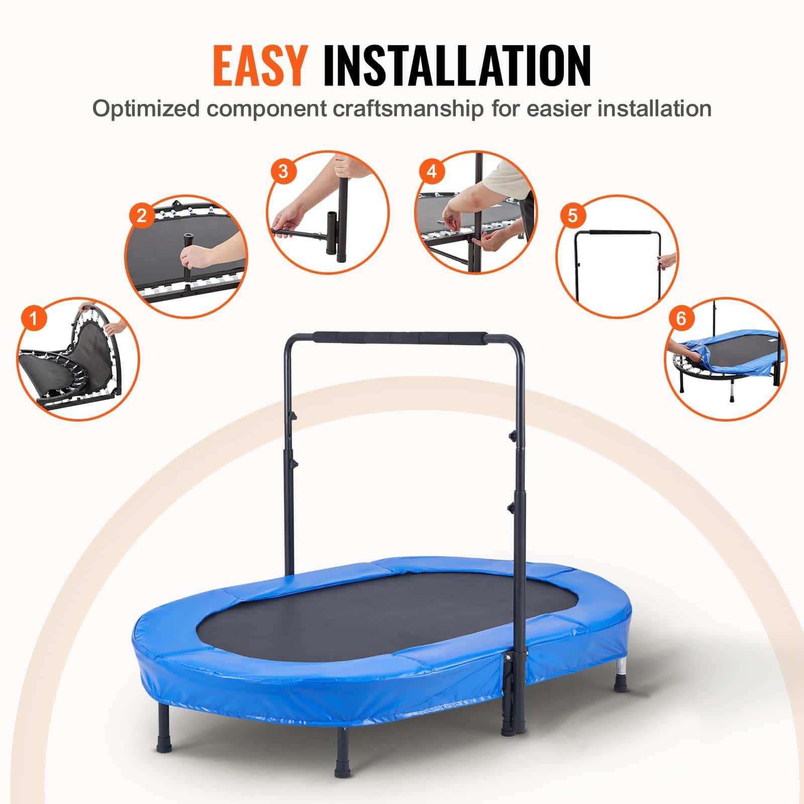 VEVOR Foldable Kids Trampoline 142x91cm with Adjustable Handle, Indoor/Outdoor Rebounder for 3–12 Years, Blue — Attēls 6