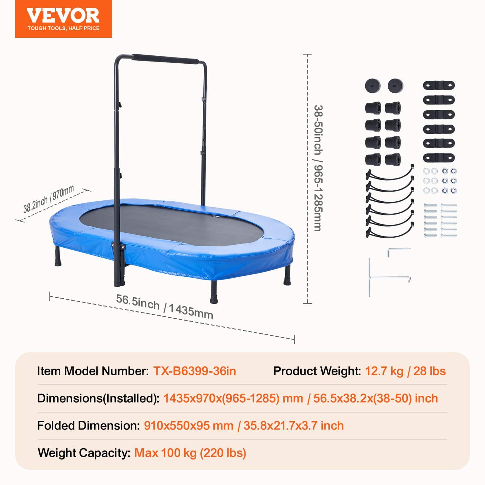 VEVOR Foldable Kids Trampoline 142x91cm with Adjustable Handle, Indoor/Outdoor Rebounder for 3–12 Years, Blue — Attēls 7
