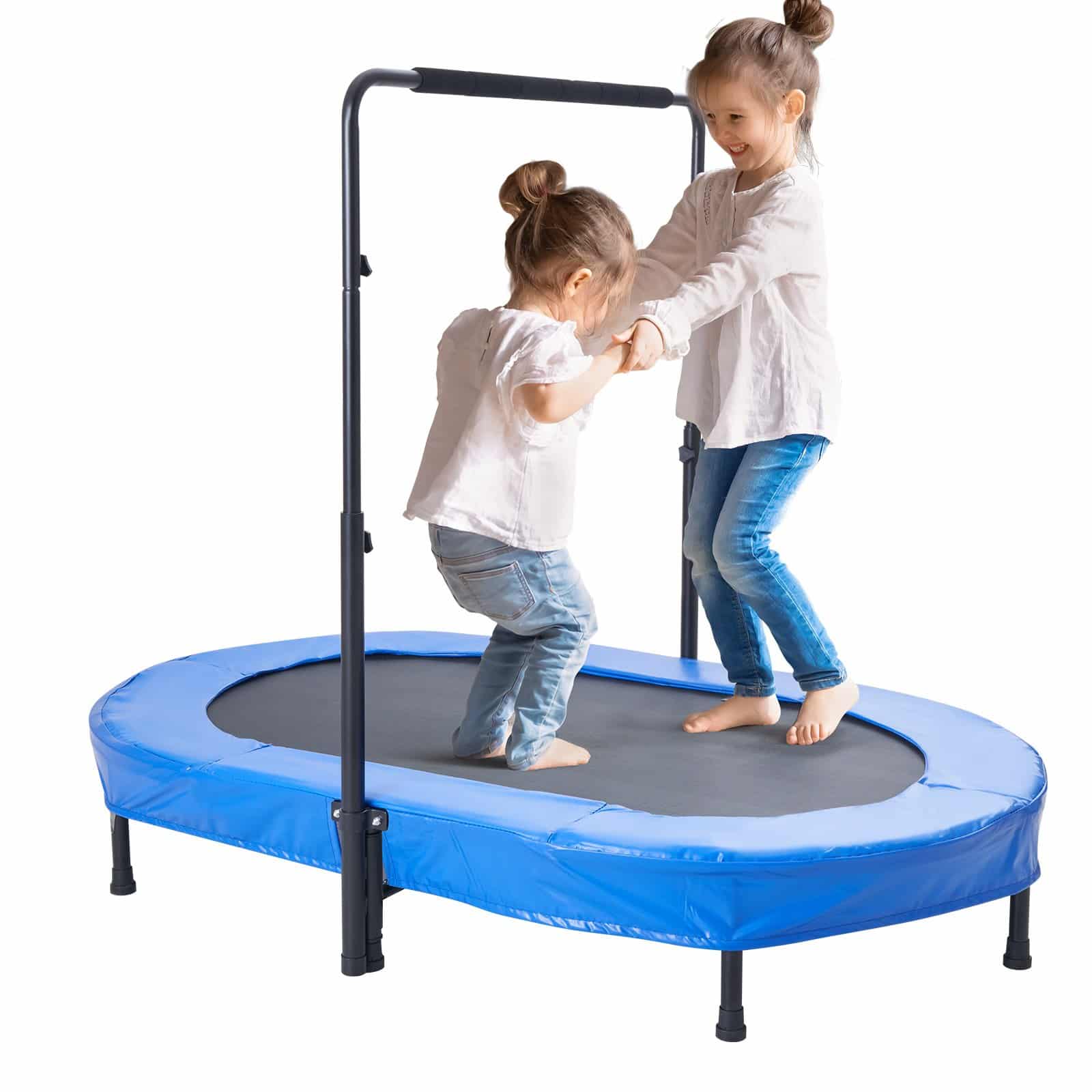 VEVOR Foldable Kids Trampoline 142x91cm with Adjustable Handle, Indoor/Outdoor Rebounder for 3–12 Years, Blue