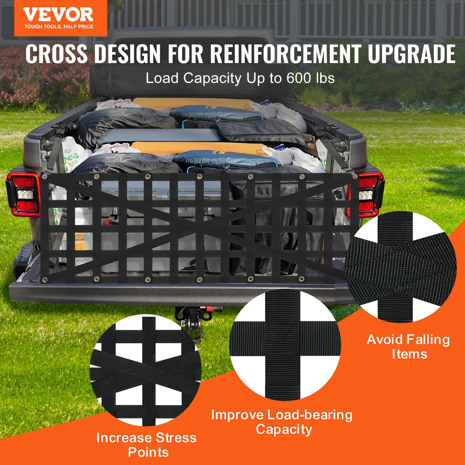 VEVOR Tailgate Net 137x46 cm Heavy-Duty Cargo Net with 4 Adjustable Straps for Truck, SUV, Jeep, Trailer, 272 kg Capacity — изображение 2