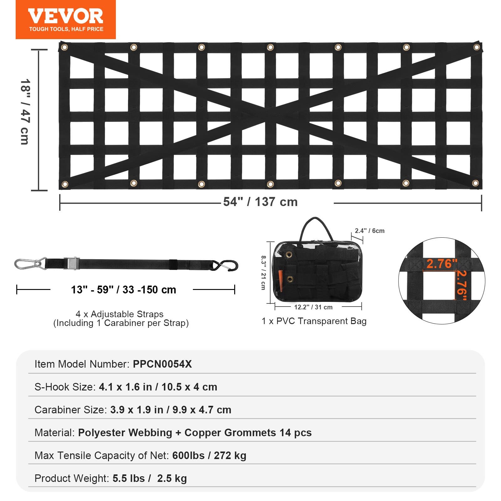 VEVOR Tailgate Net 137x46 cm Heavy-Duty Cargo Net with 4 Adjustable Straps for Truck, SUV, Jeep, Trailer, 272 kg Capacity — изображение 7