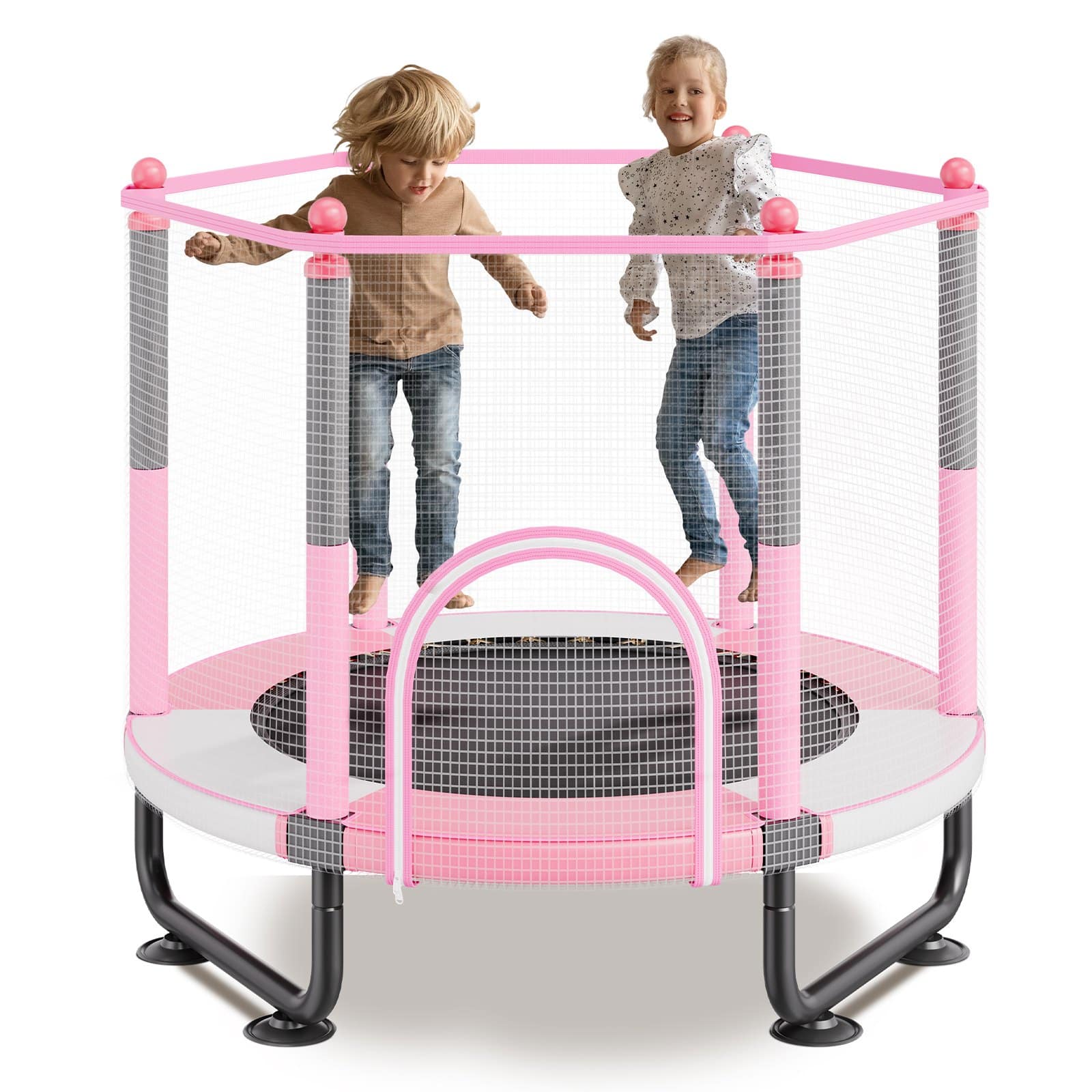 VEVOR 152cm Kids Trampoline with Net & Basketball Hoop, Indoor Outdoor Pink Mini Trampoline for Toddlers 3+ Years, 120kg Max Load