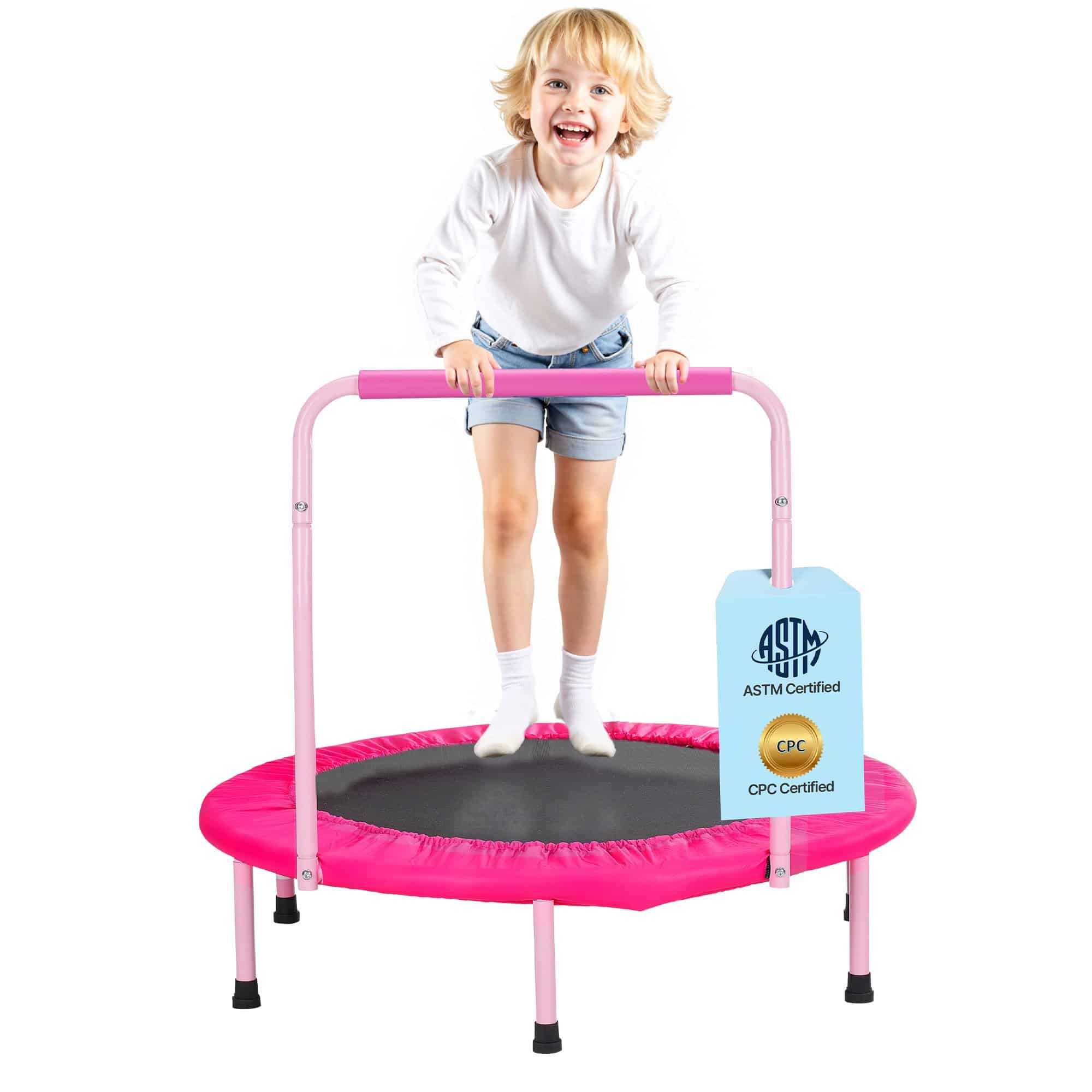 VEVOR 91cm Foldable Kids Trampoline with Handle, Indoor & Outdoor Mini Rebounder for Toddlers, Pink, for Ages 3+