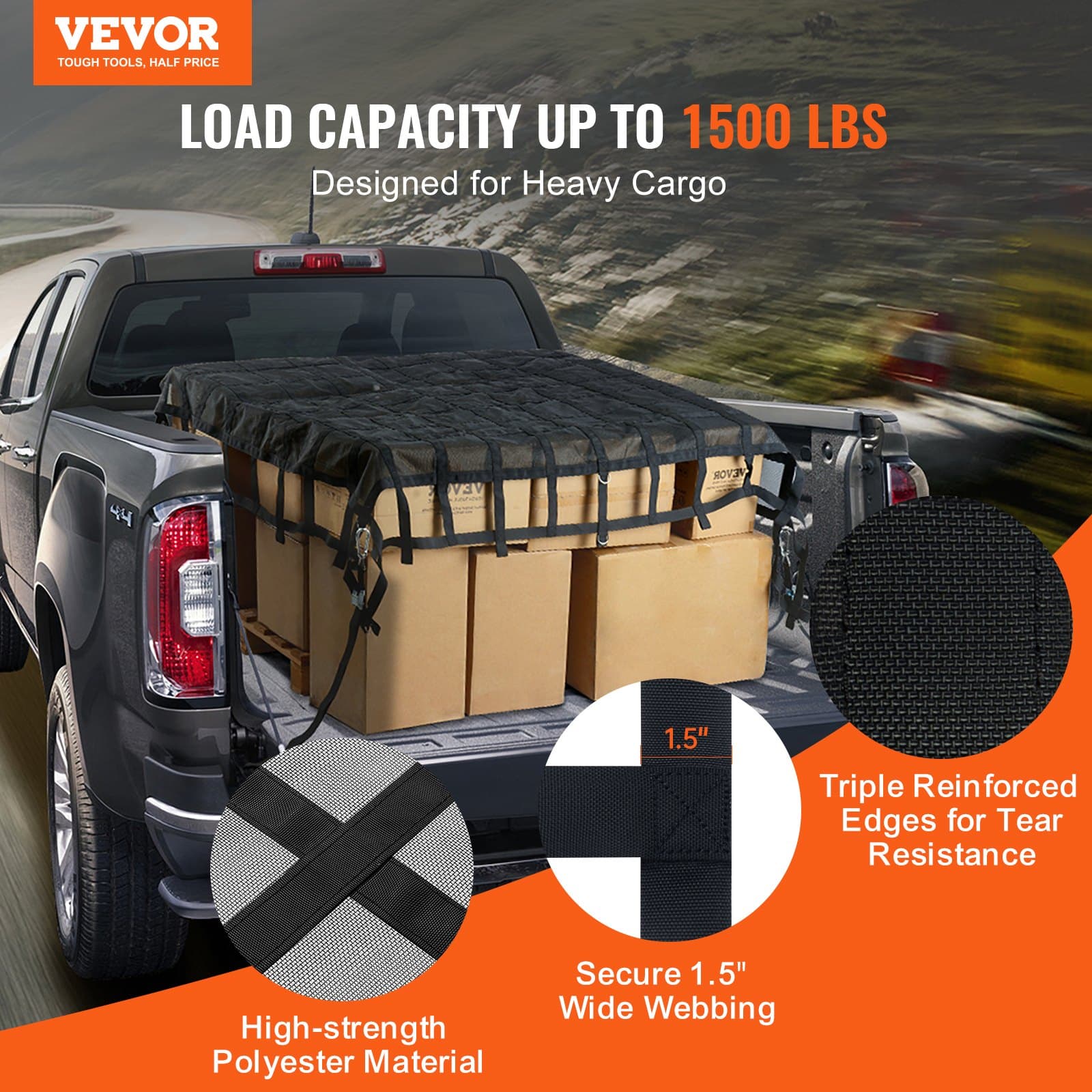 VEVOR Heavy Duty Cargo Net 244x206 cm for Truck Bed, Weatherproof, Adjustable Straps, Hooks, for Pickup/Jeep/SUV/Boat — изображение 2