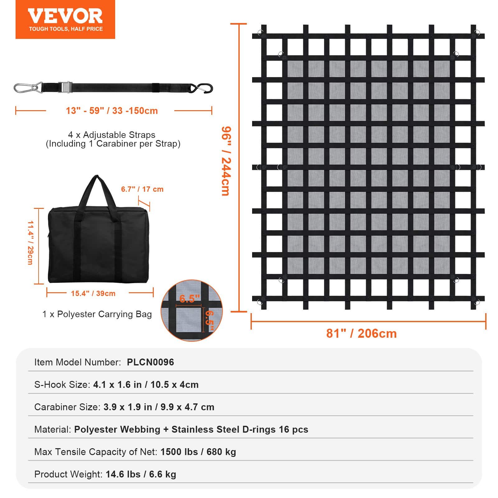 VEVOR Heavy Duty Cargo Net 244x206 cm for Truck Bed, Weatherproof, Adjustable Straps, Hooks, for Pickup/Jeep/SUV/Boat — изображение 7