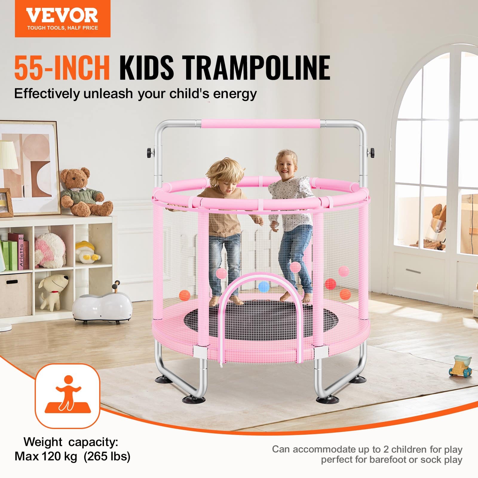 VEVOR 140cm Kids Trampoline with Safety Net & Basketball Hoop, Adjustable Handle, Indoor/Outdoor, for 3–12 Years, Pink — attēls 2