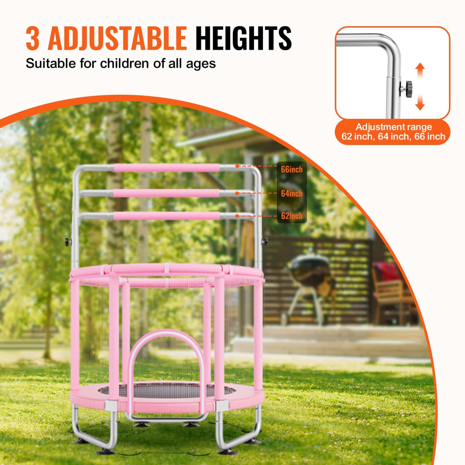 VEVOR 140cm Kids Trampoline with Safety Net & Basketball Hoop, Adjustable Handle, Indoor/Outdoor, for 3–12 Years, Pink — attēls 3