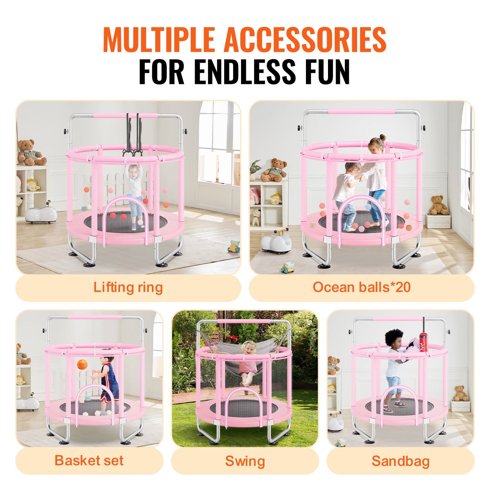 VEVOR 140cm Kids Trampoline with Safety Net & Basketball Hoop, Adjustable Handle, Indoor/Outdoor, for 3–12 Years, Pink — attēls 4