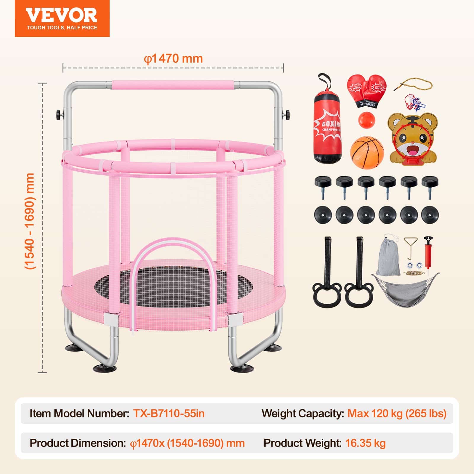 VEVOR 140cm Kids Trampoline with Safety Net & Basketball Hoop, Adjustable Handle, Indoor/Outdoor, for 3–12 Years, Pink — attēls 7