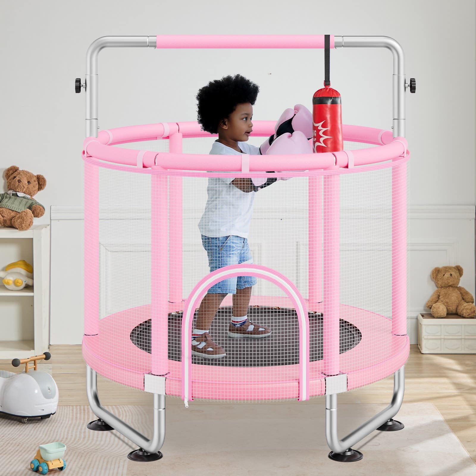 VEVOR 140cm Kids Trampoline with Safety Net & Basketball Hoop, Adjustable Handle, Indoor/Outdoor, for 3–12 Years, Pink — attēls 8