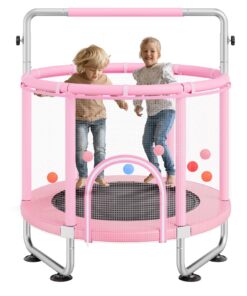 VEVOR 140cm Kids Trampoline with Safety Net & Basketball Hoop, Adjustable Handle, Indoor/Outdoor, for 3–12 Years, Pink