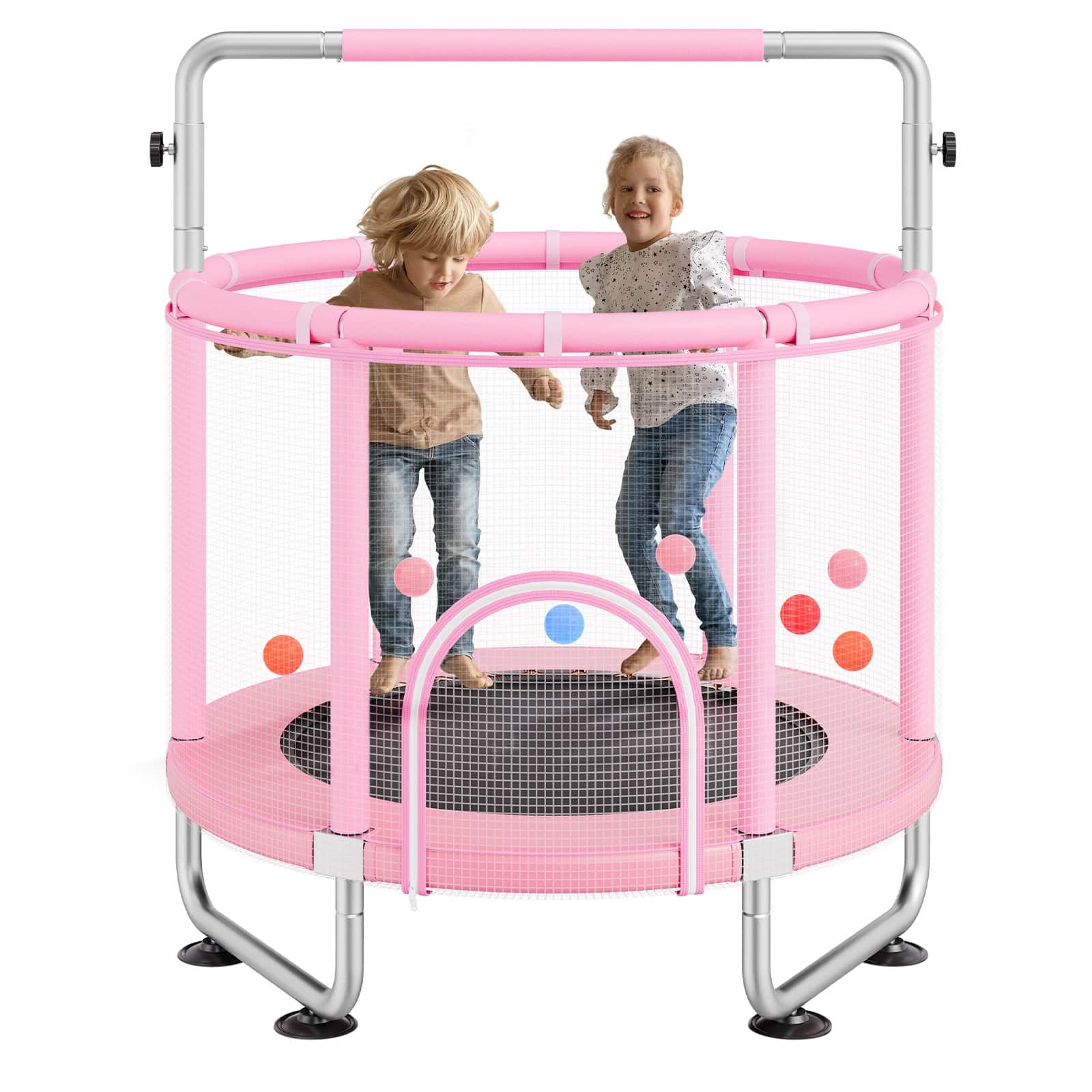 VEVOR 140cm Kids Trampoline with Safety Net & Basketball Hoop, Adjustable Handle, Indoor/Outdoor, for 3–12 Years, Pink