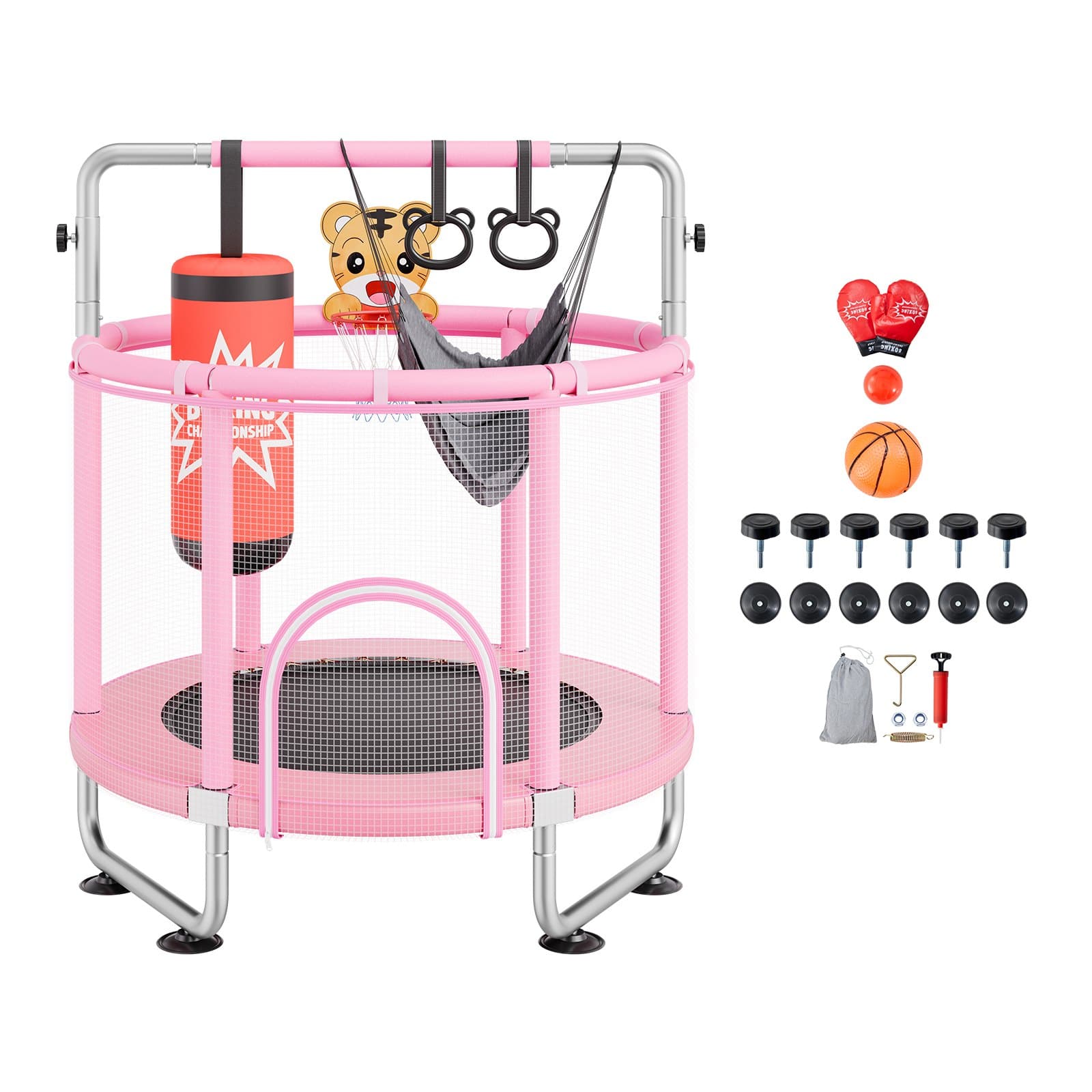VEVOR 140cm Kids Trampoline with Safety Net & Basketball Hoop, Adjustable Handle, Indoor/Outdoor, for 3–12 Years, Pink — attēls 9