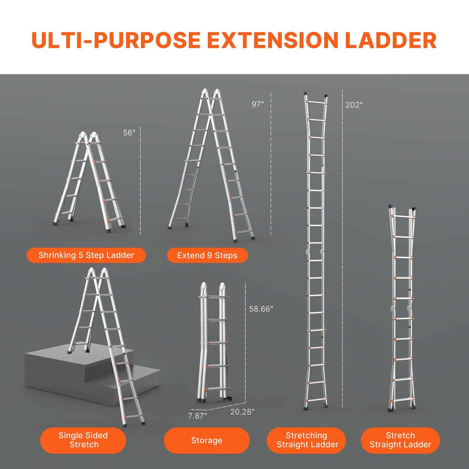 VEVOR 5.1m Telescoping Aluminum A-Frame Ladder, Foldable Multi-Purpose Extension Ladder with Wheels, 150kg Load Capacity - Pilt 4