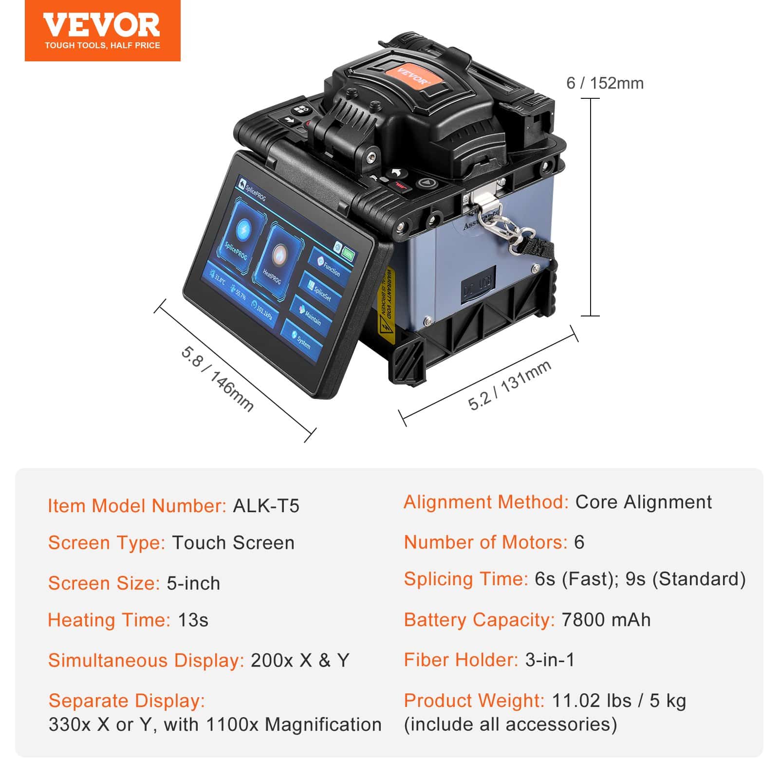 VEVOR Fiber Fusion Splicer with 6 Motors, Core Alignment, 5" Touchscreen, 7800mAh Battery, for SM/MM/DS/NZDS Fibers - Image 7