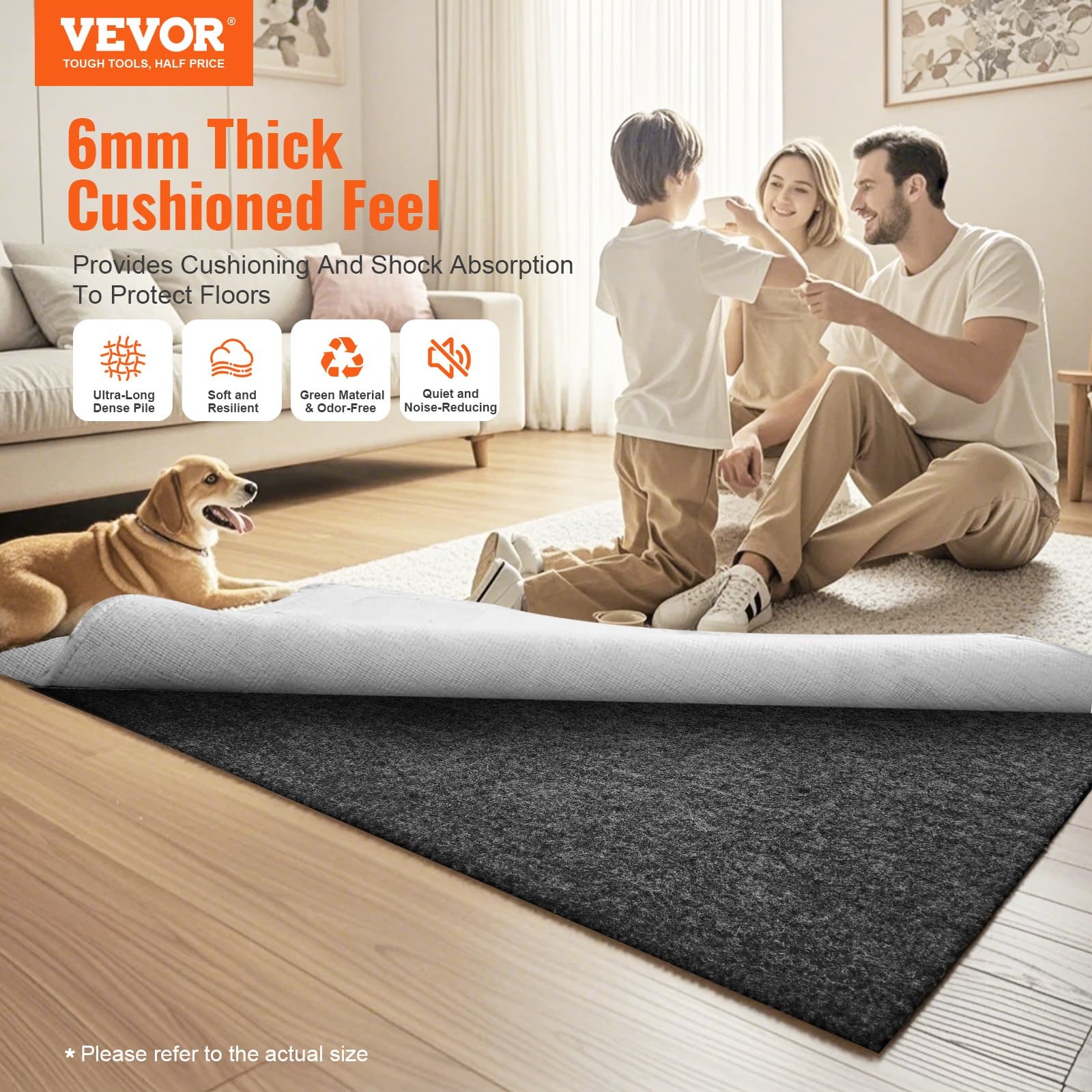 VEVOR 6mm Thick Polyester Felt Carpet Pad, 8x10ft (6.85㎡), Cushioning Rug Underlay for All Floors, Gray, Non-Slip-Free - Pilt 2