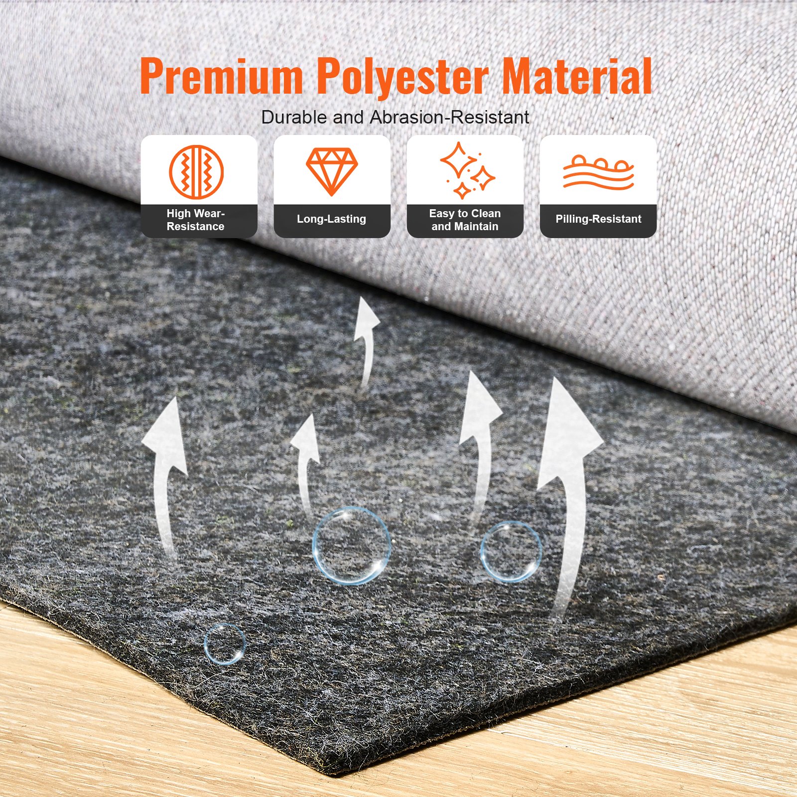 VEVOR 6mm Thick Polyester Felt Carpet Pad, 8x10ft (6.85㎡), Cushioning Rug Underlay for All Floors, Gray, Non-Slip-Free - Pilt 4