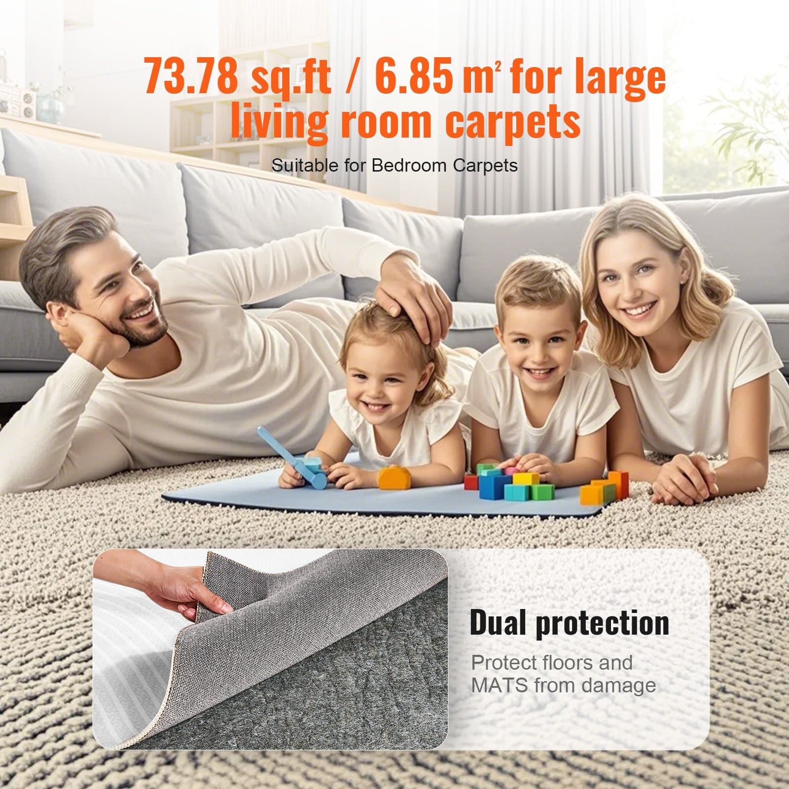 VEVOR 6mm Thick Polyester Felt Carpet Pad, 8x10ft (6.85㎡), Cushioning Rug Underlay for All Floors, Gray, Non-Slip-Free - Pilt 6