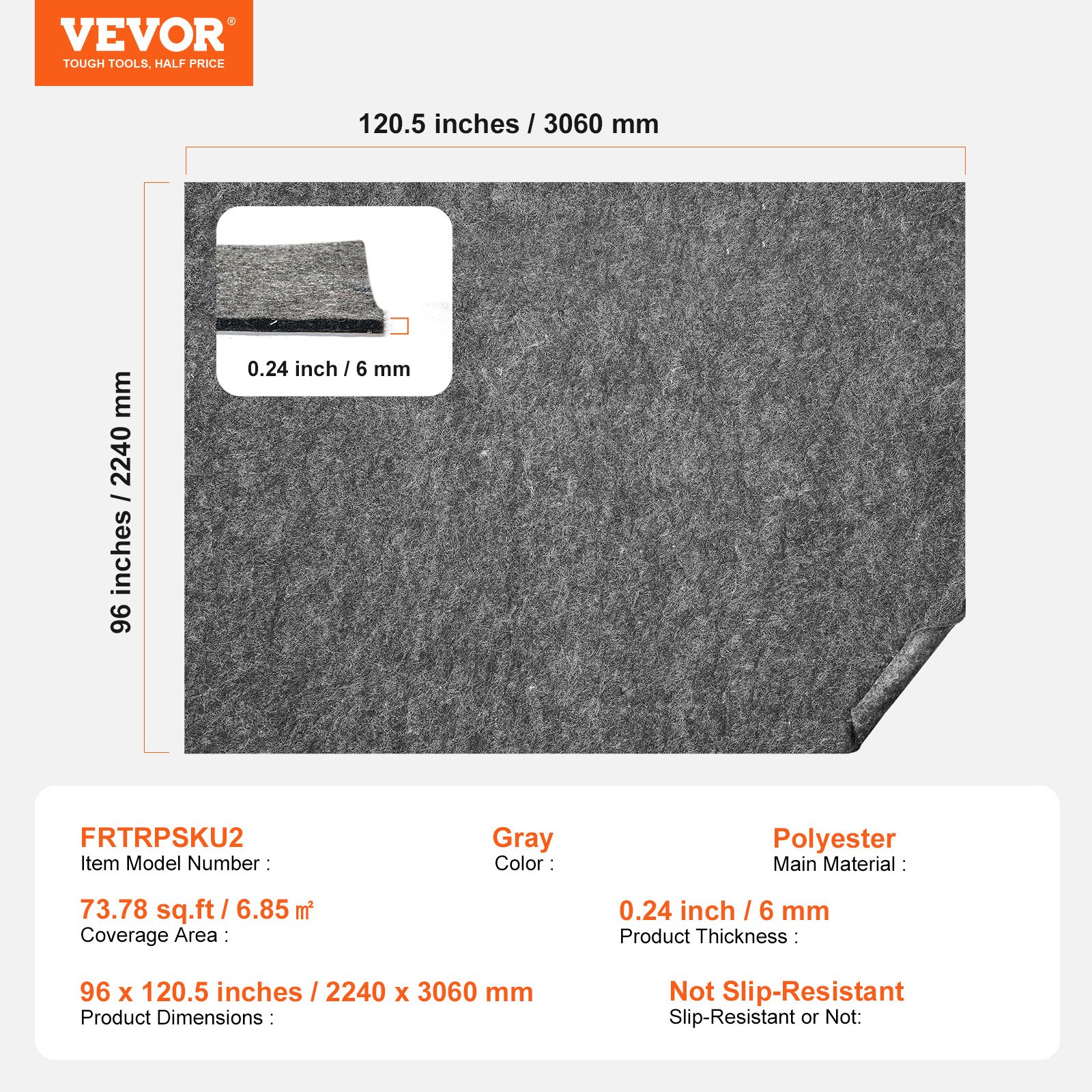 VEVOR 6mm Thick Polyester Felt Carpet Pad, 8x10ft (6.85㎡), Cushioning Rug Underlay for All Floors, Gray, Non-Slip-Free - Pilt 7