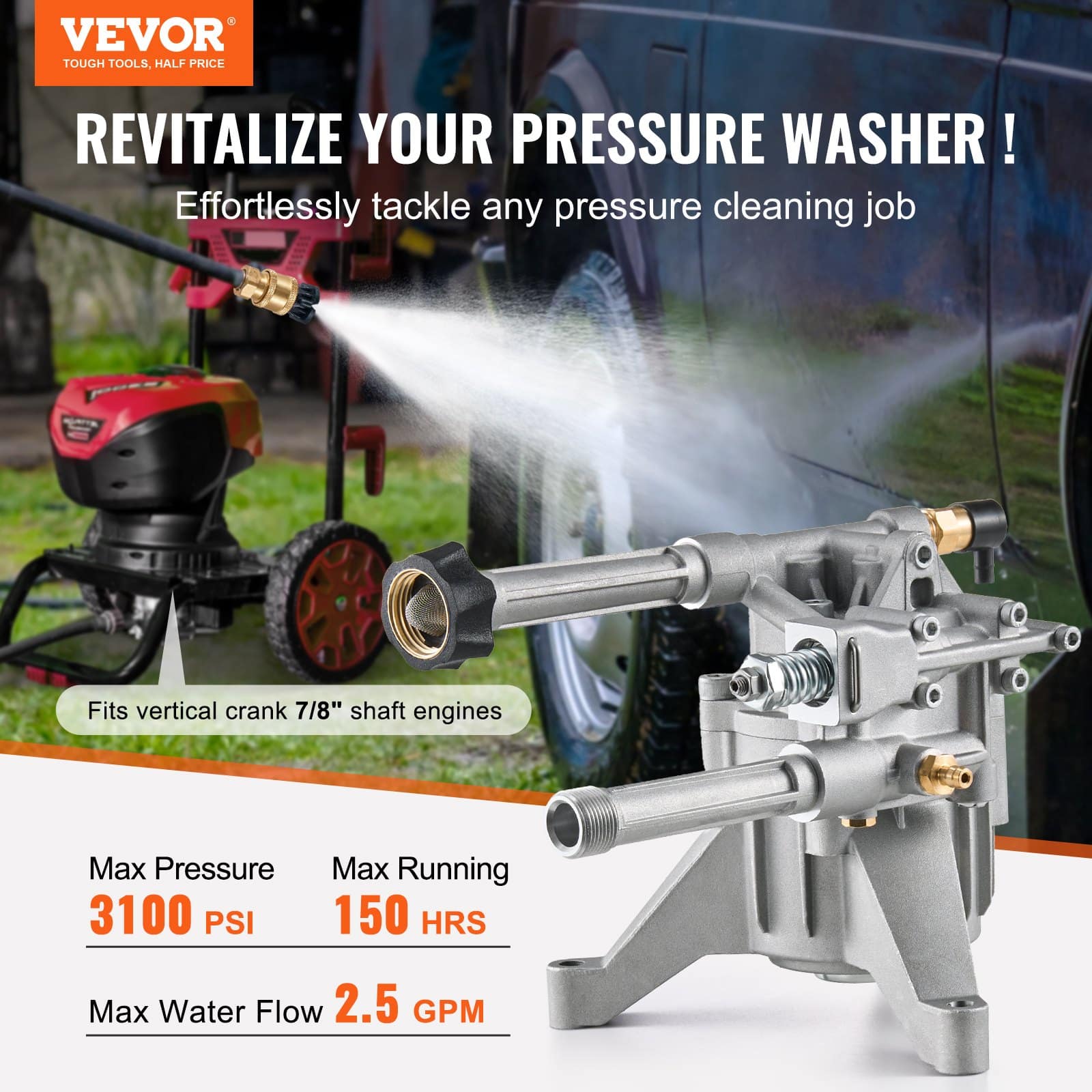 VEVOR 214 Bar Pressure Washer Pump 22mm Shaft, 9.5 L/min, 5 Nozzles, Fits 180-196cc Engines, Replacement Kit for Power Washers — изображение 2