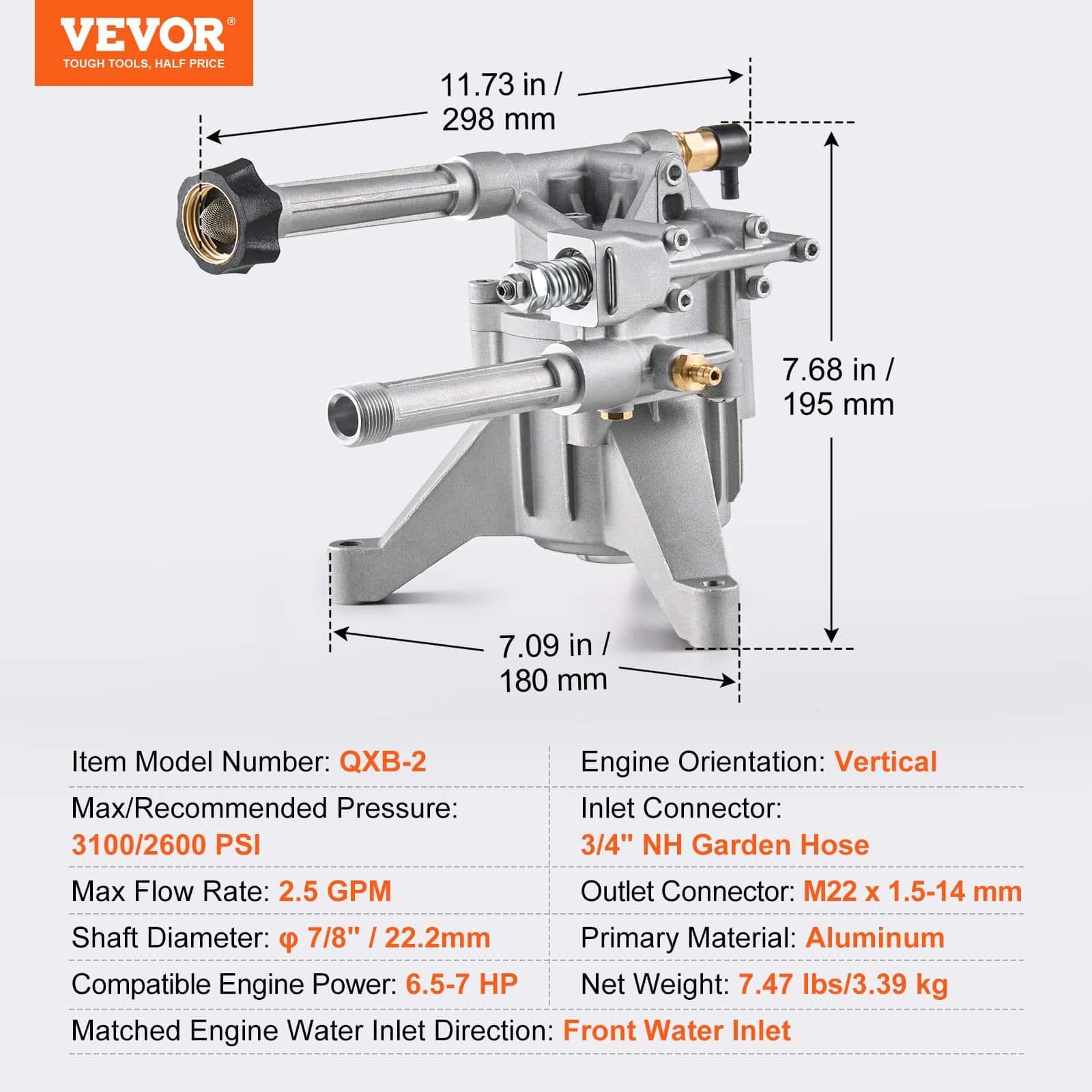 VEVOR 214 Bar Pressure Washer Pump 22mm Shaft, 9.5 L/min, 5 Nozzles, Fits 180-196cc Engines, Replacement Kit for Power Washers — изображение 7