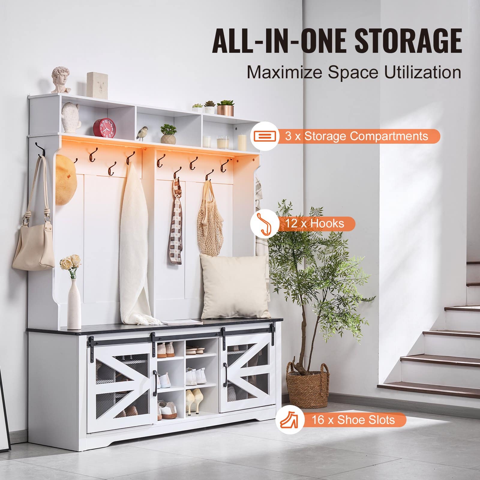 VEVOR Wooden Hall Tree with Bench, 16 Shoe Storage, 12 Hooks, Adjustable Shelves, USB Light, White Entryway Organizer — изображение 3