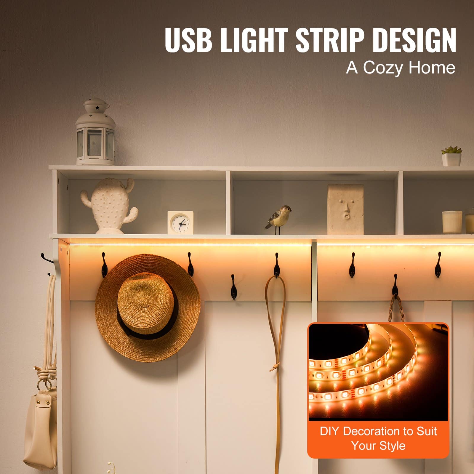 VEVOR Wooden Hall Tree with Bench, 16 Shoe Storage, 12 Hooks, Adjustable Shelves, USB Light, White Entryway Organizer — изображение 4