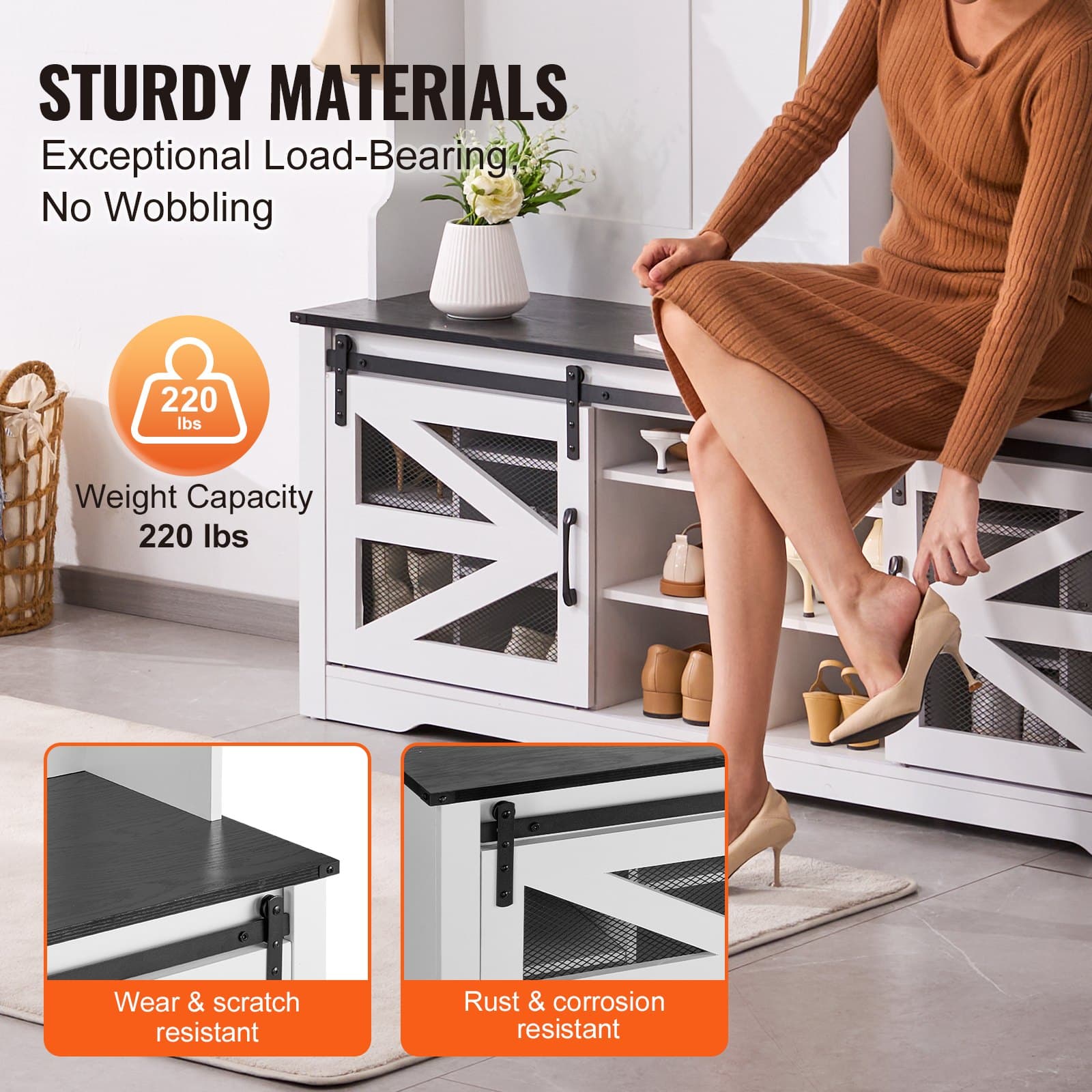 VEVOR Wooden Hall Tree with Bench, 16 Shoe Storage, 12 Hooks, Adjustable Shelves, USB Light, White Entryway Organizer — изображение 5