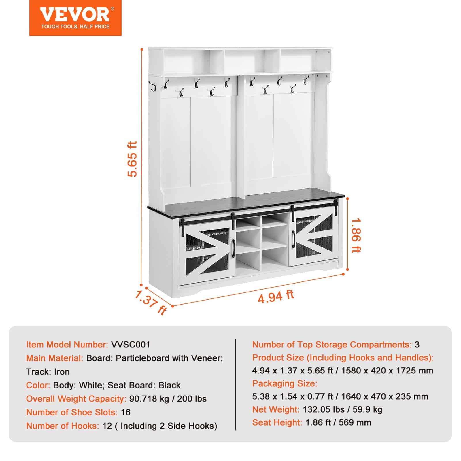 VEVOR Wooden Hall Tree with Bench, 16 Shoe Storage, 12 Hooks, Adjustable Shelves, USB Light, White Entryway Organizer — изображение 7