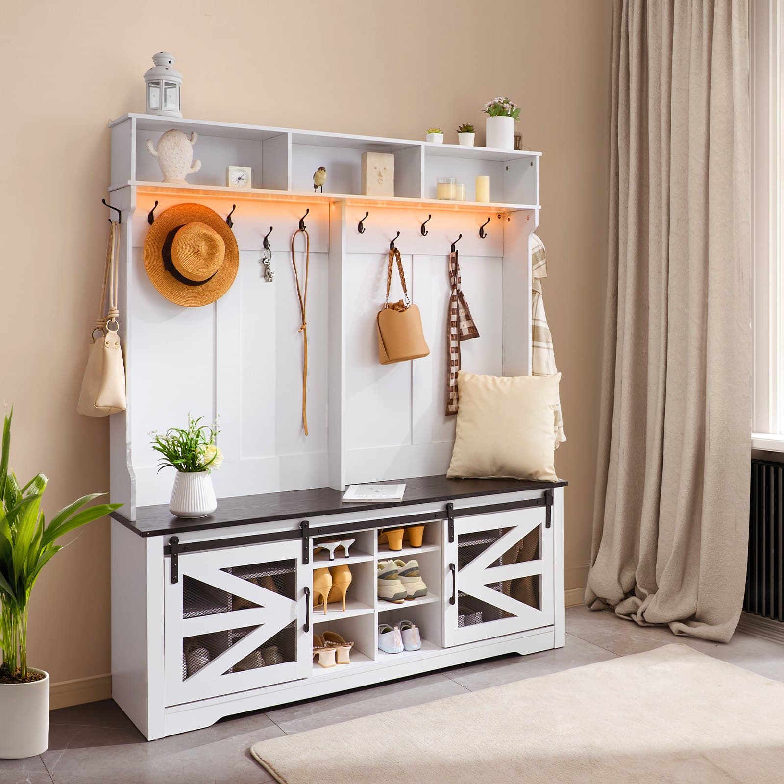 VEVOR Wooden Hall Tree with Bench, 16 Shoe Storage, 12 Hooks, Adjustable Shelves, USB Light, White Entryway Organizer — изображение 8