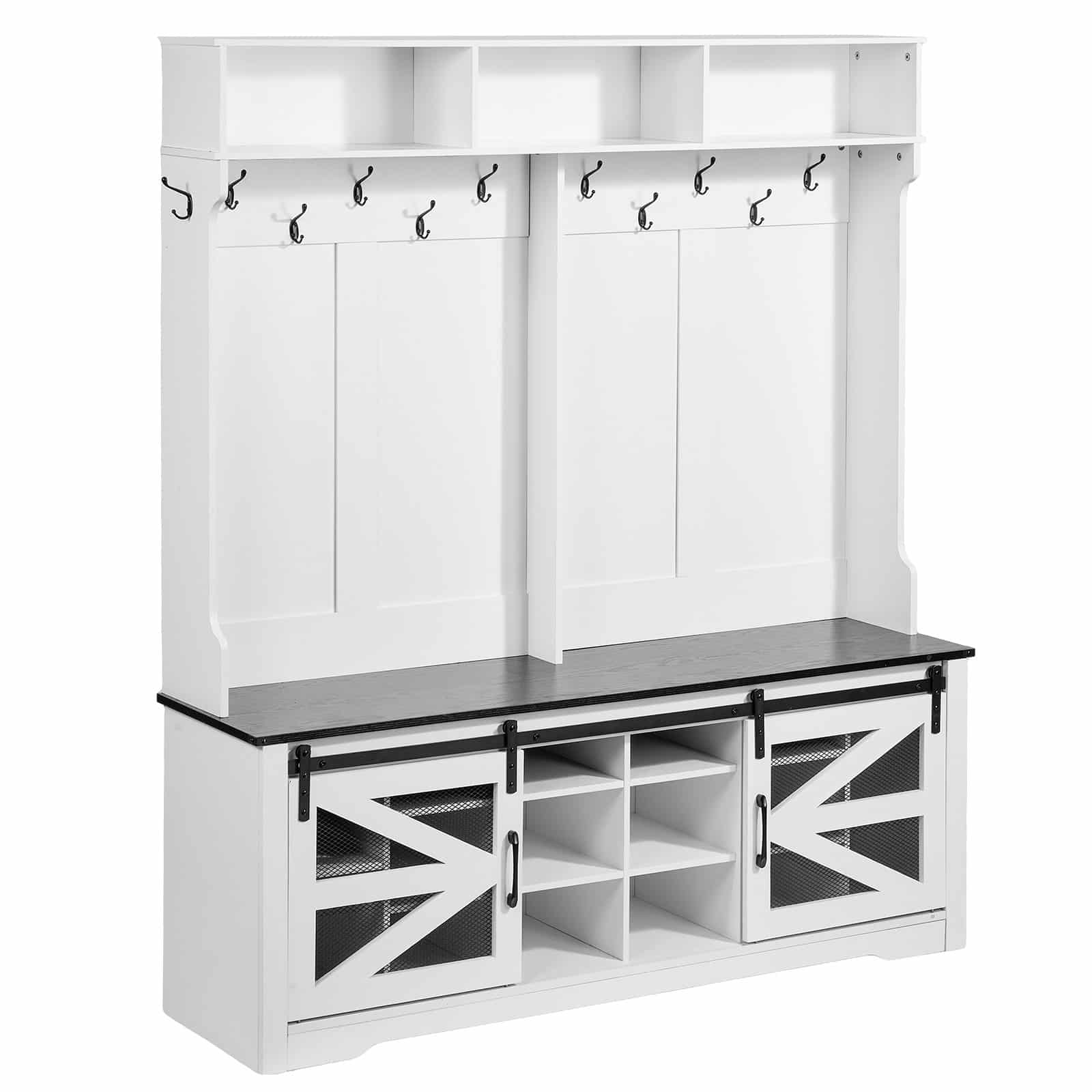 VEVOR Wooden Hall Tree with Bench, 16 Shoe Storage, 12 Hooks, Adjustable Shelves, USB Light, White Entryway Organizer — изображение 10