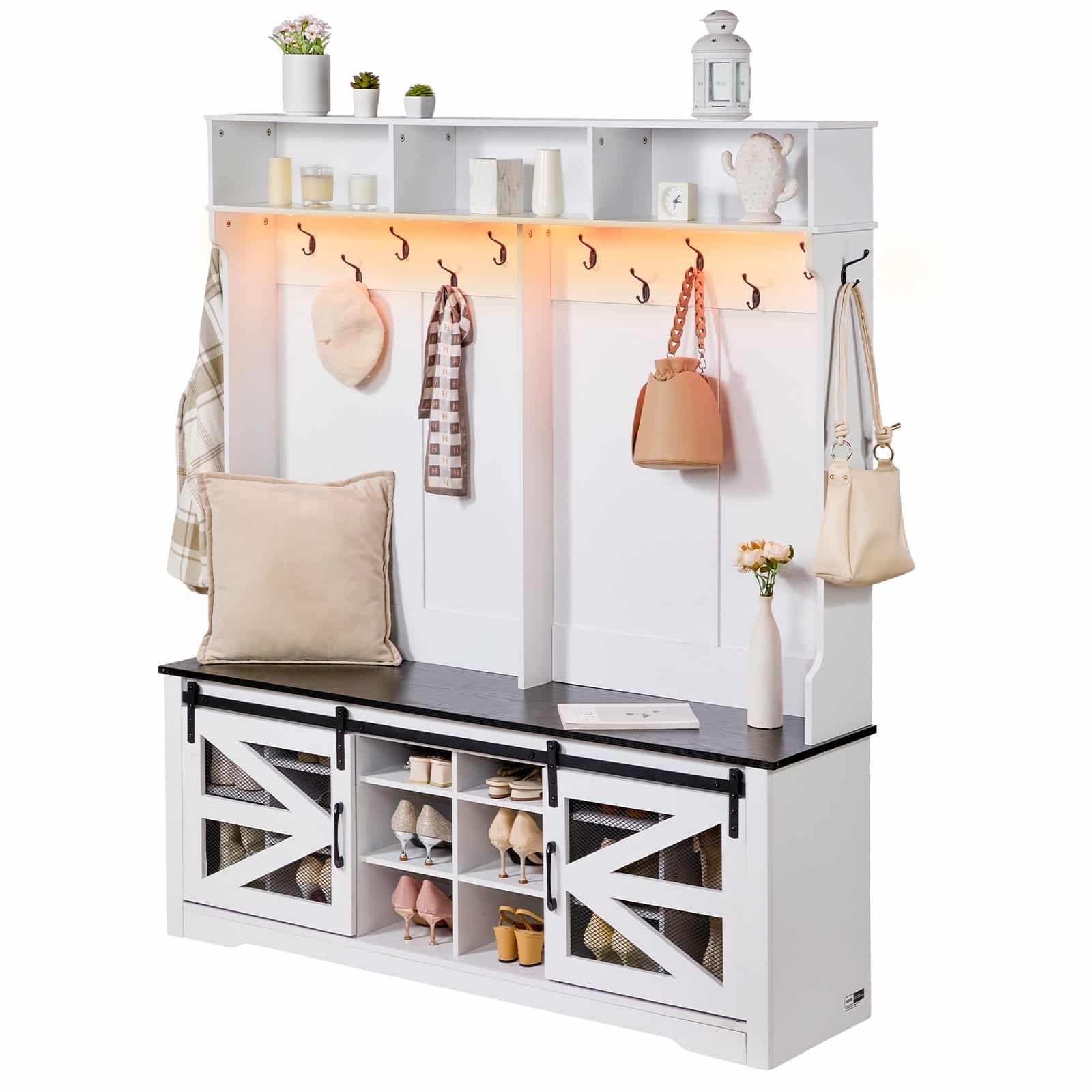 VEVOR Wooden Hall Tree with Bench, 16 Shoe Storage, 12 Hooks, Adjustable Shelves, USB Light, White Entryway Organizer — изображение 11