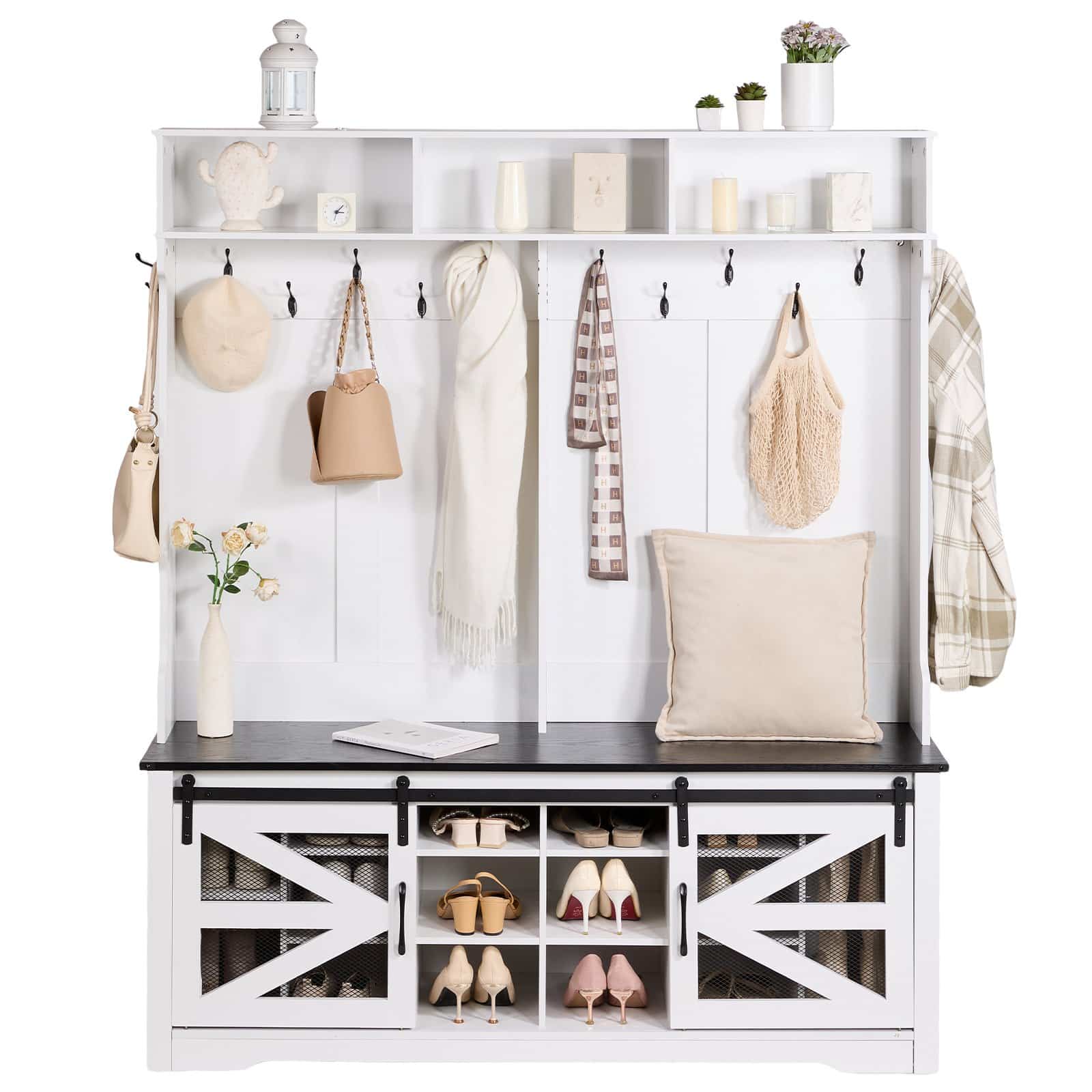 VEVOR Wooden Hall Tree with Bench, 16 Shoe Storage, 12 Hooks, Adjustable Shelves, USB Light, White Entryway Organizer — изображение 12