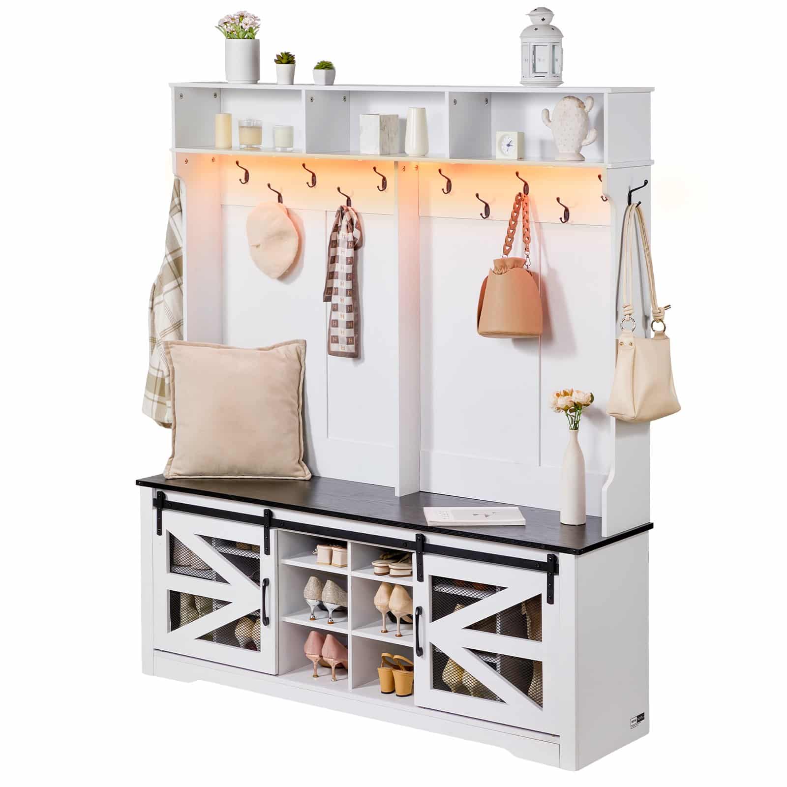 VEVOR Wooden Hall Tree with Bench, 16 Shoe Storage, 12 Hooks, Adjustable Shelves, USB Light, White Entryway Organizer — изображение 9