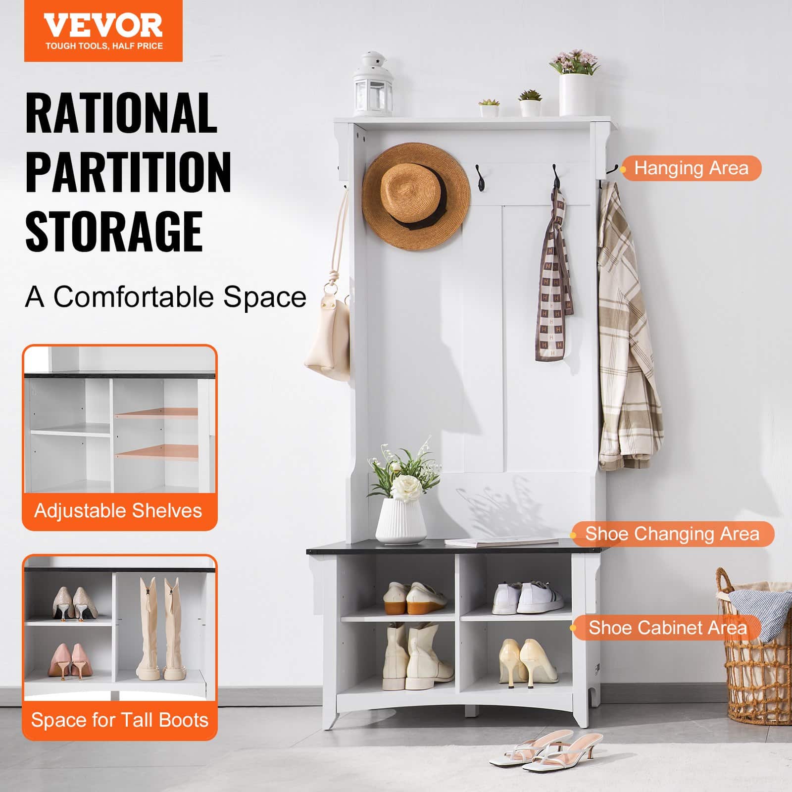 VEVOR Wooden Hall Tree with Bench, 4 Shoe Storage Drawers, 5 Hooks, Adjustable Shelves, White Entryway Organizer — изображение 2