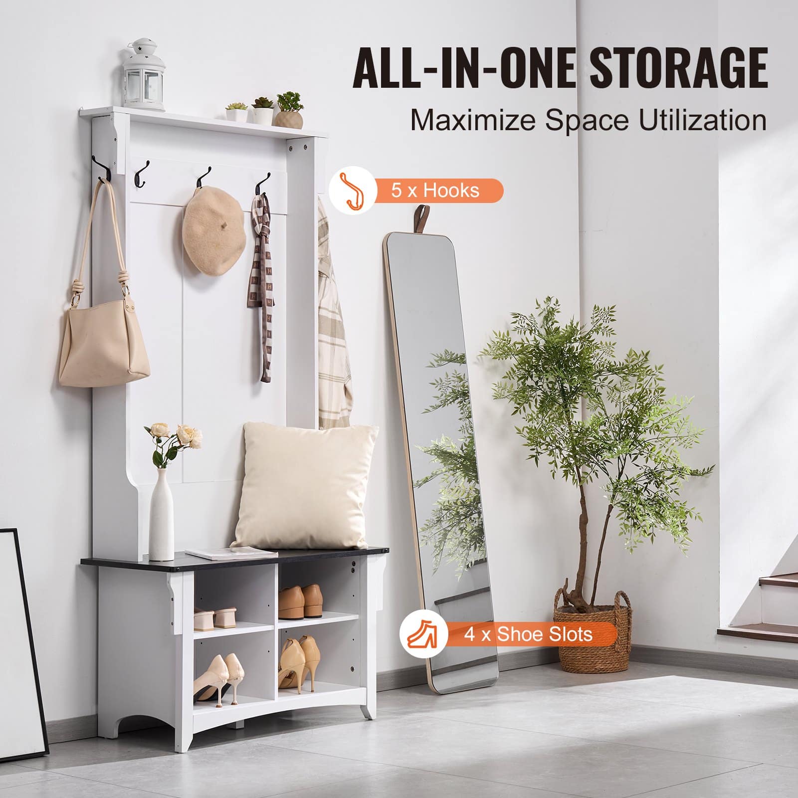 VEVOR Wooden Hall Tree with Bench, 4 Shoe Storage Drawers, 5 Hooks, Adjustable Shelves, White Entryway Organizer — изображение 3