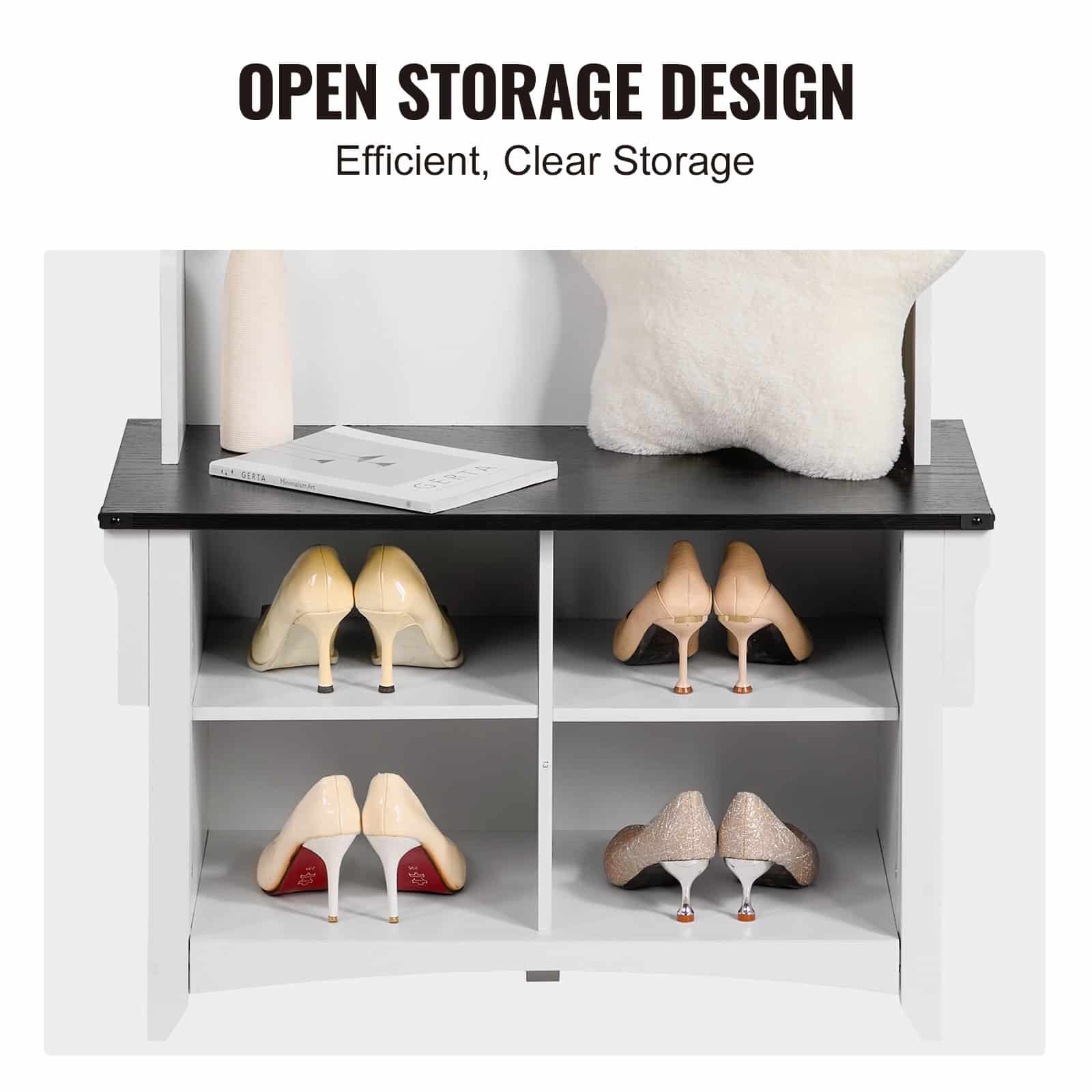 VEVOR Wooden Hall Tree with Bench, 4 Shoe Storage Drawers, 5 Hooks, Adjustable Shelves, White Entryway Organizer — изображение 6