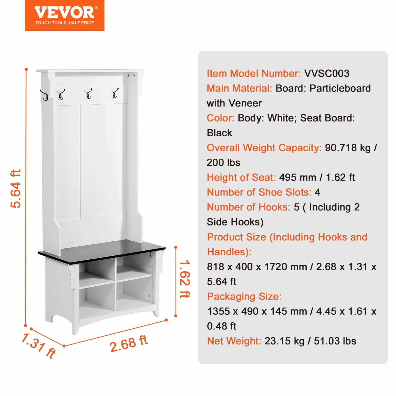 VEVOR Wooden Hall Tree with Bench, 4 Shoe Storage Drawers, 5 Hooks, Adjustable Shelves, White Entryway Organizer — изображение 7