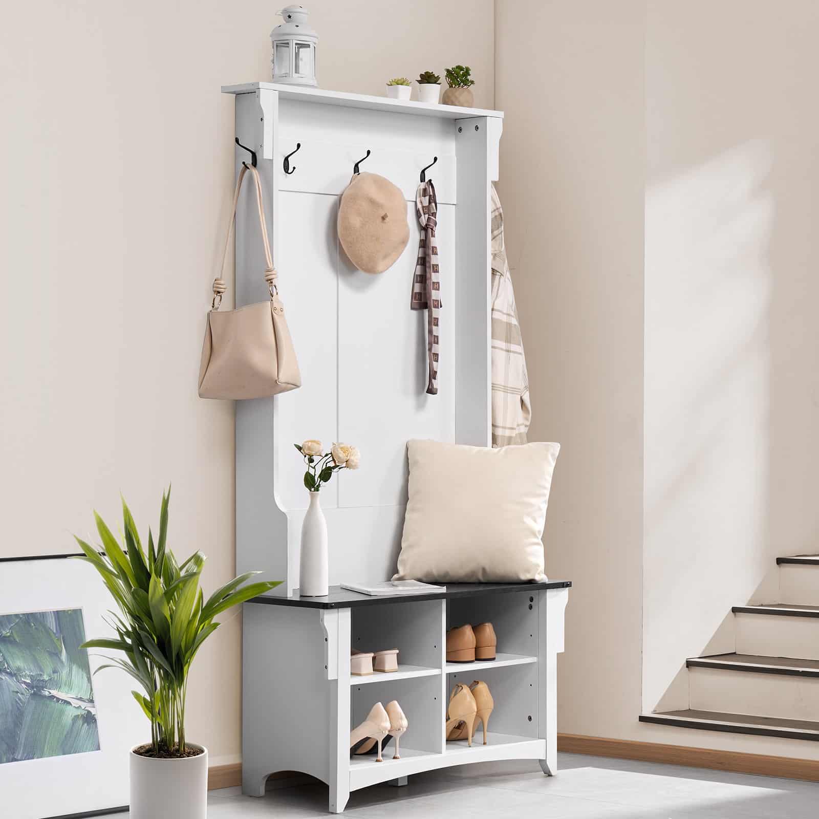 VEVOR Wooden Hall Tree with Bench, 4 Shoe Storage Drawers, 5 Hooks, Adjustable Shelves, White Entryway Organizer — изображение 8