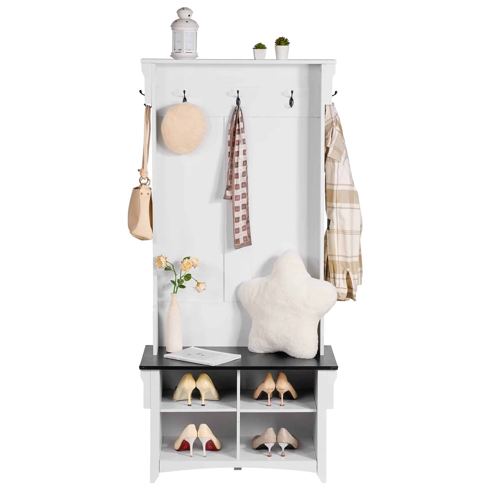 VEVOR Wooden Hall Tree with Bench, 4 Shoe Storage Drawers, 5 Hooks, Adjustable Shelves, White Entryway Organizer — изображение 12