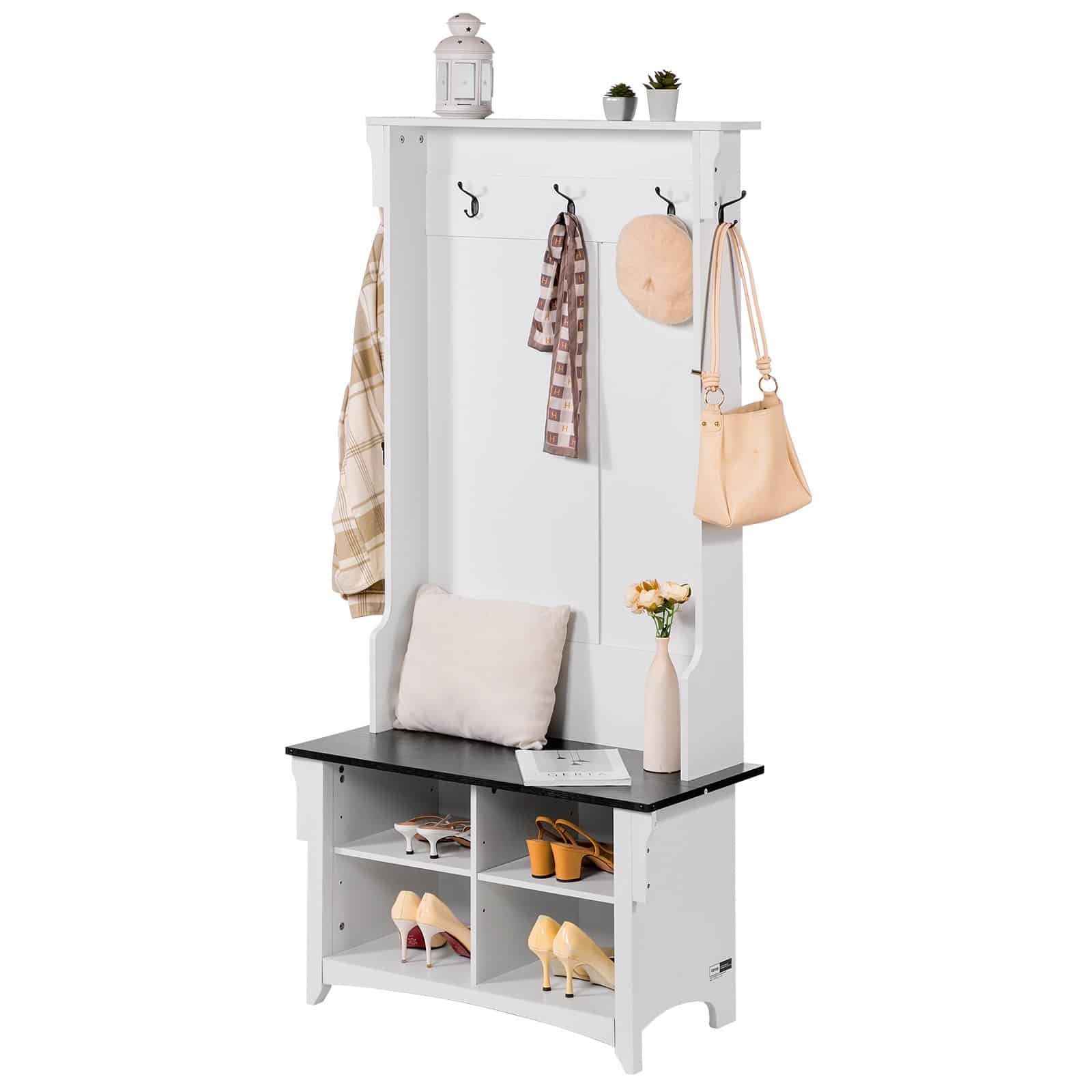 VEVOR Wooden Hall Tree with Bench, 4 Shoe Storage Drawers, 5 Hooks, Adjustable Shelves, White Entryway Organizer — изображение 9