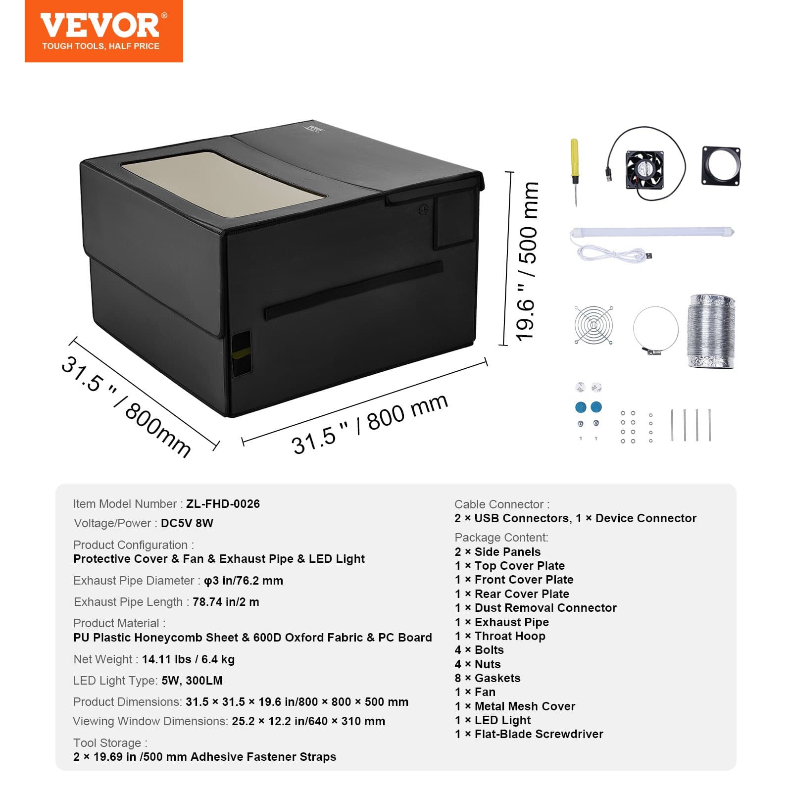 VEVOR Laser Engraver Enclosure 800x800x500 mm – Fireproof Cover with Exhaust Fan, Smoke & Noise Insulation, Eye Protection — attēls 7